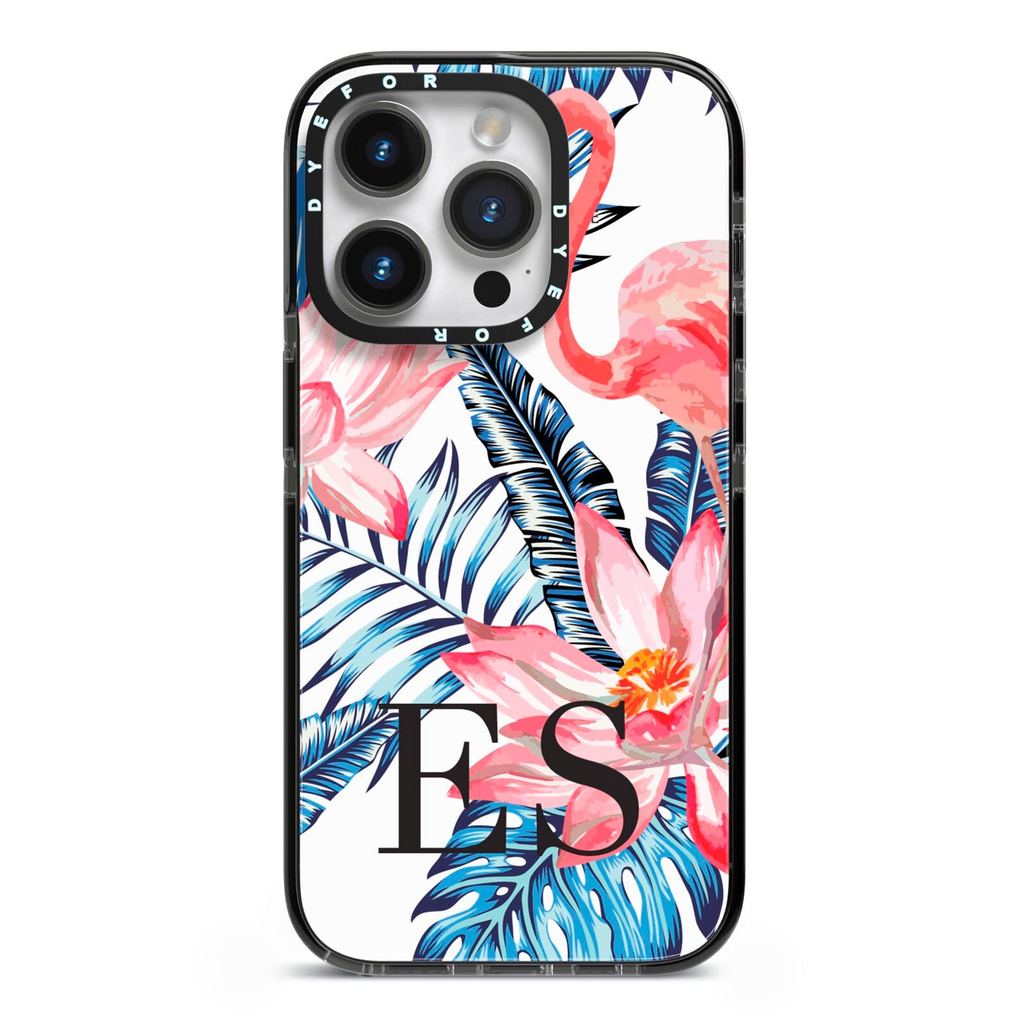 Blue Leaves Pink Flamingos iPhone 14 Pro Black Impact Case on Silver phone