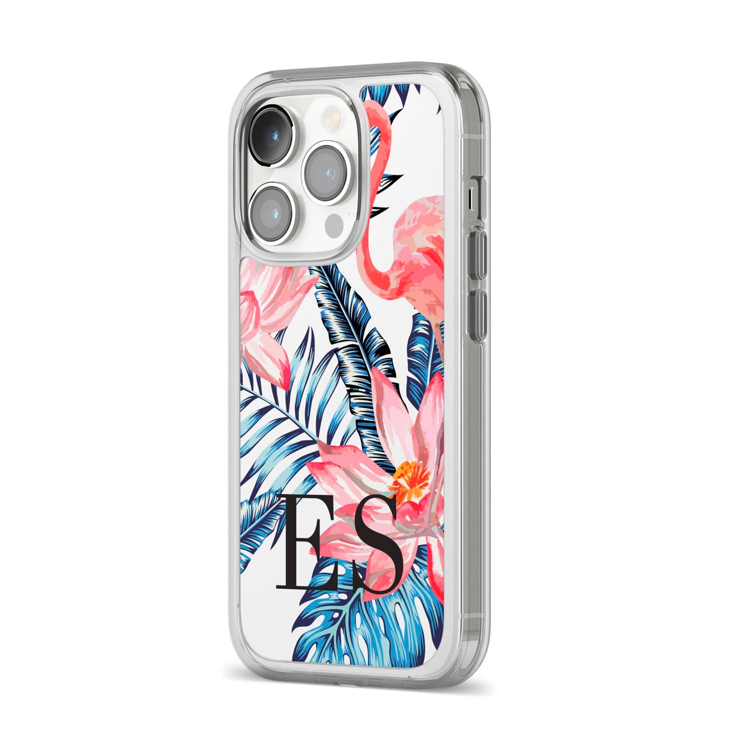 Blue Leaves Pink Flamingos iPhone 14 Pro Clear Tough Case Silver Angled Image