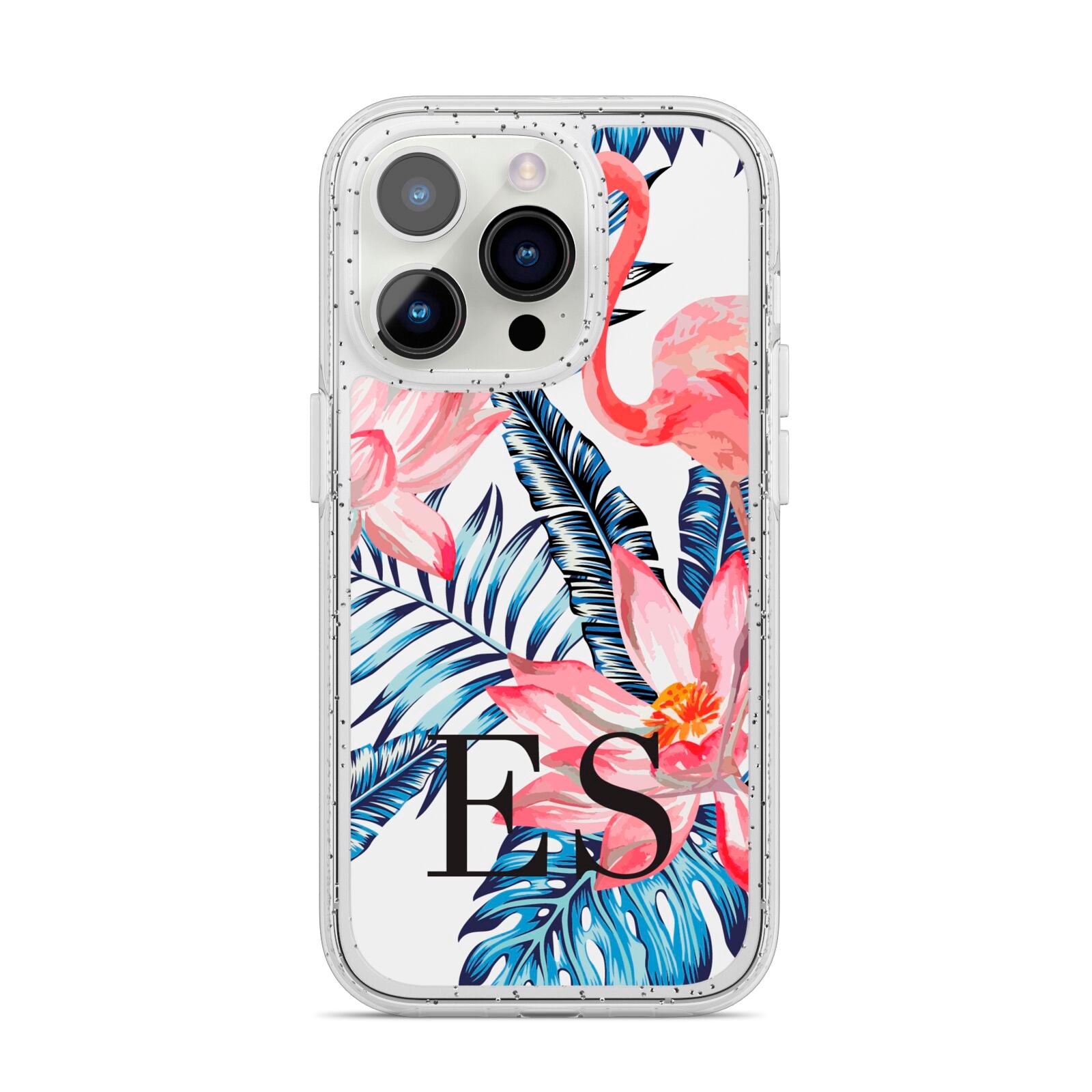 Blue Leaves Pink Flamingos iPhone 14 Pro Glitter Tough Case Silver