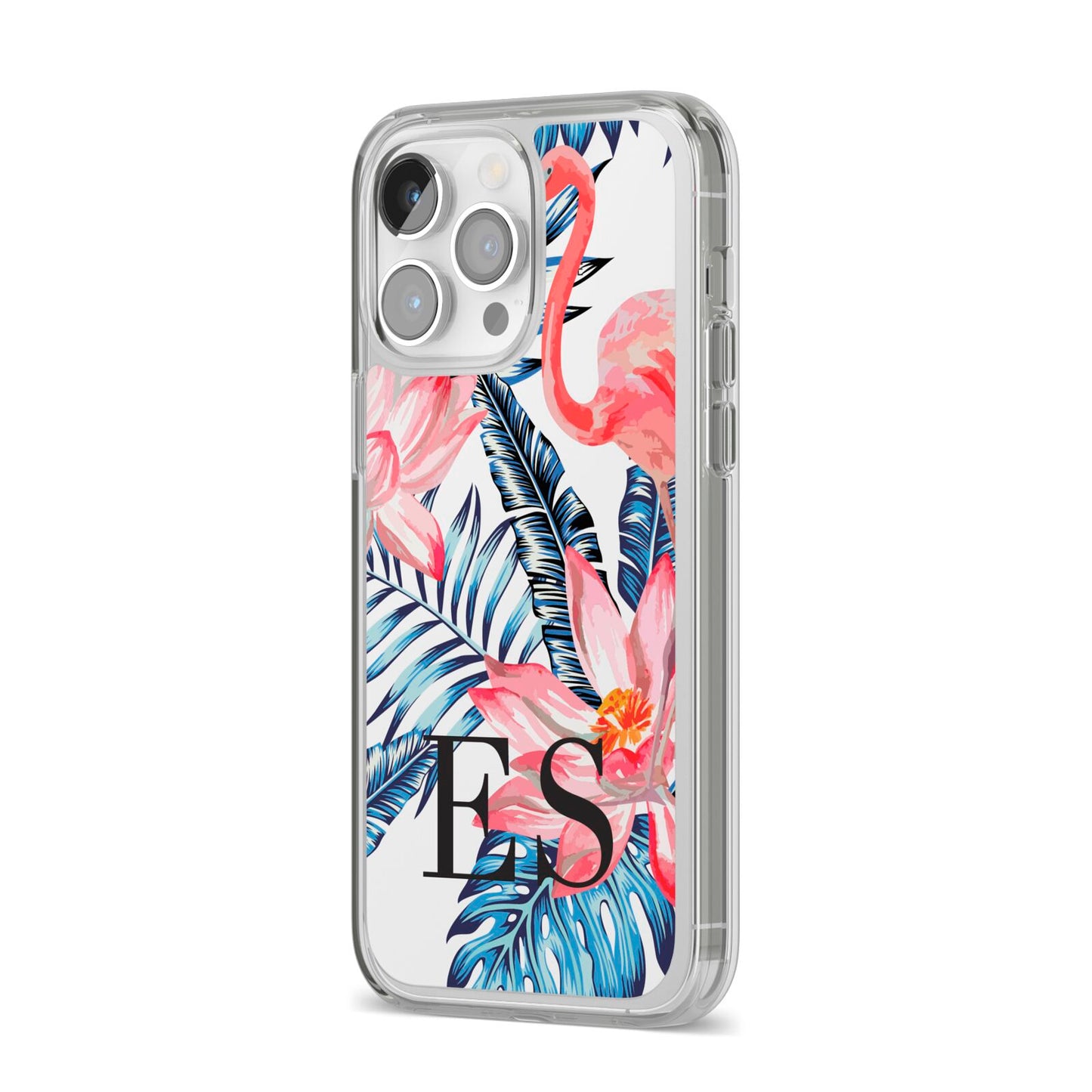 Blue Leaves Pink Flamingos iPhone 14 Pro Max Clear Tough Case Silver Angled Image