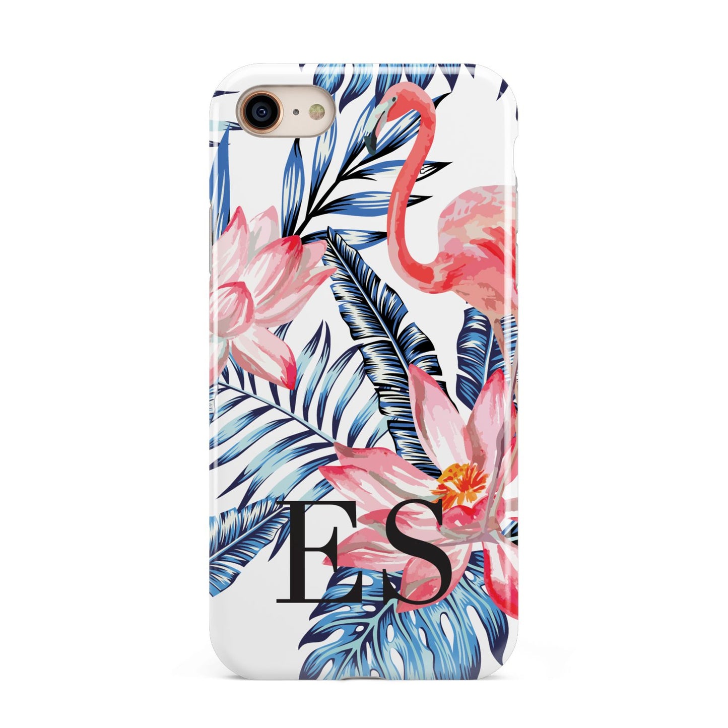 Blue Leaves Pink Flamingos iPhone 8 3D Tough Case on Gold Phone