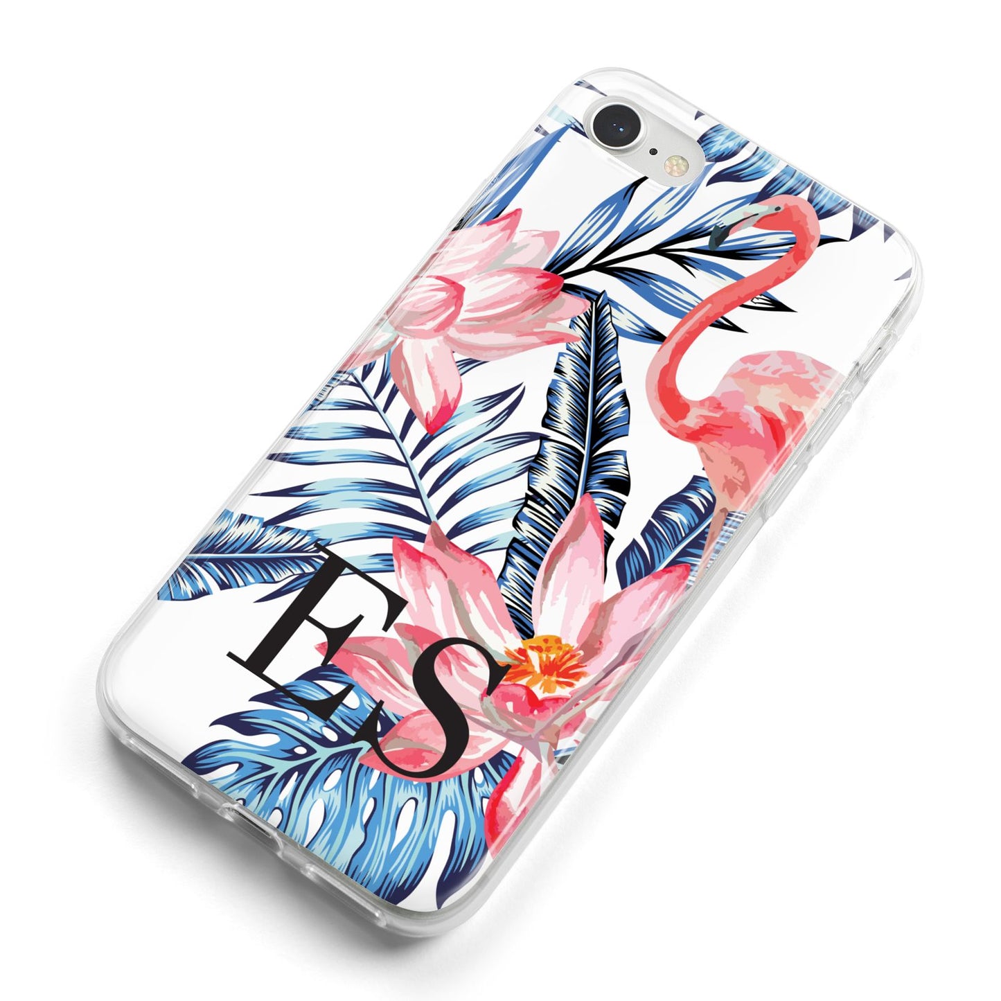 Blue Leaves Pink Flamingos iPhone 8 Bumper Case on Silver iPhone Alternative Image