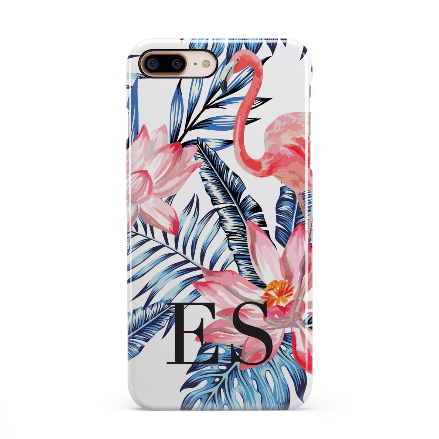 Blue Leaves Pink Flamingos iPhone 8 Plus 3D Snap Case on Gold Phone