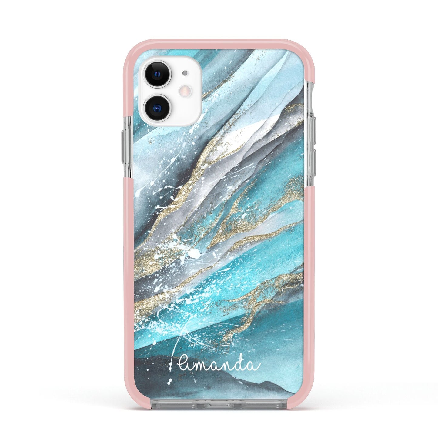 Blue Marble Custom Name Apple iPhone 11 in White with Pink Impact Case