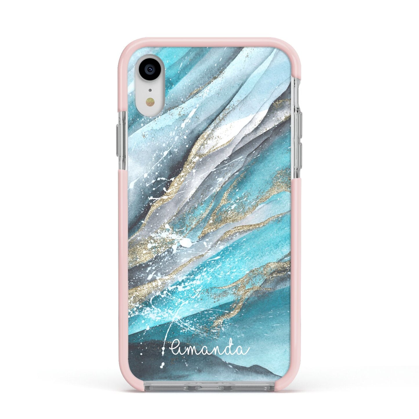 Blue Marble Custom Name Apple iPhone XR Impact Case Pink Edge on Silver Phone