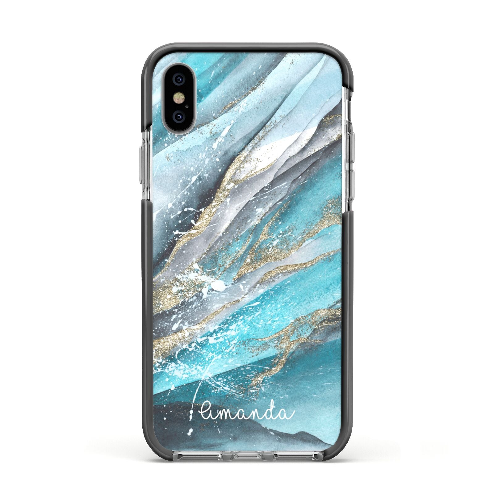 Blue Marble Custom Name Apple iPhone Xs Impact Case Black Edge on Silver Phone