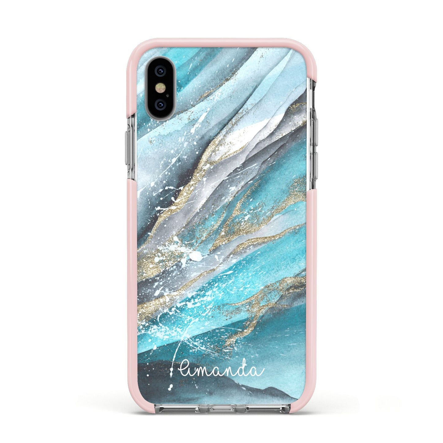 Blue Marble Custom Name Apple iPhone Xs Impact Case Pink Edge on Silver Phone