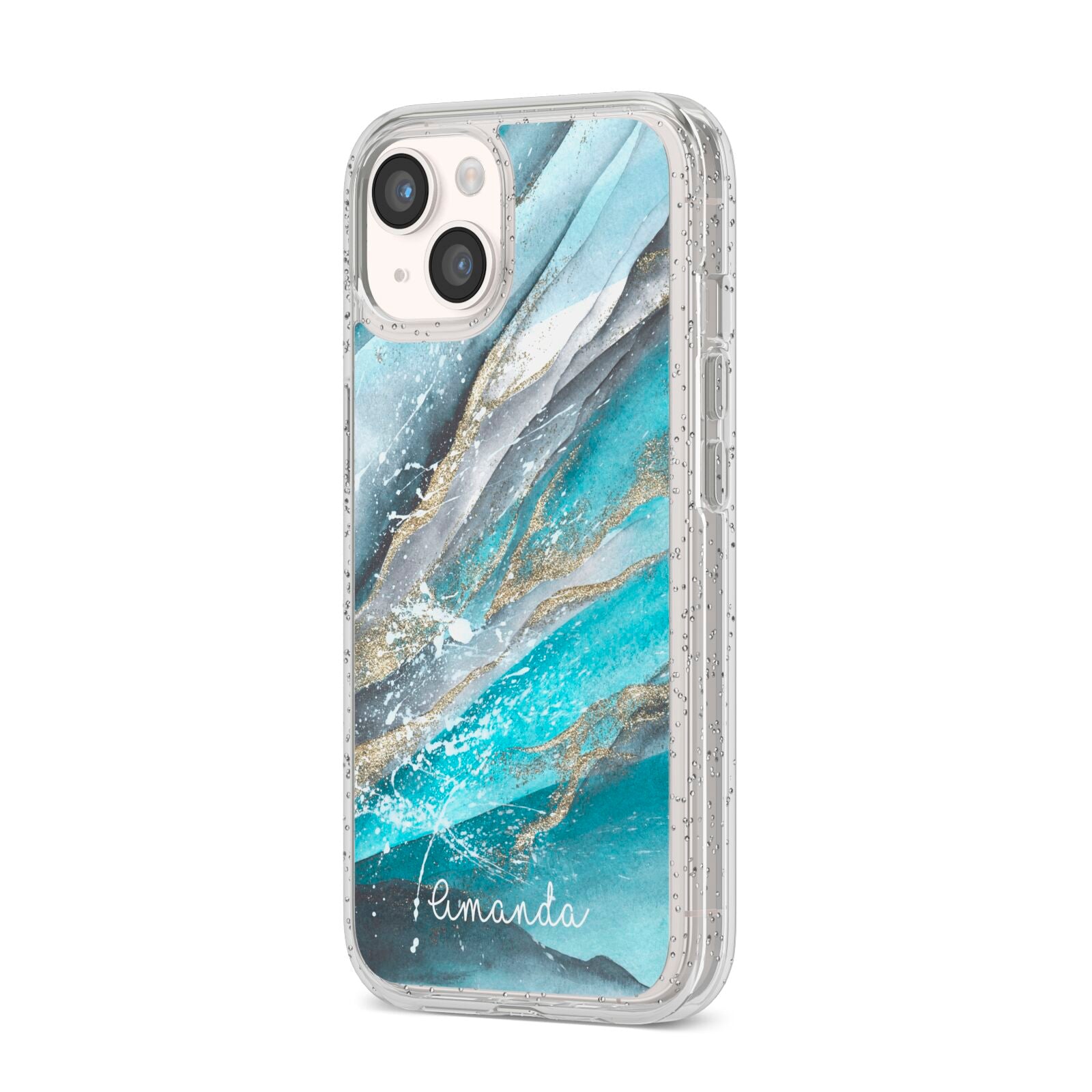 Blue Marble Custom Name iPhone 14 Glitter Tough Case Starlight Angled Image