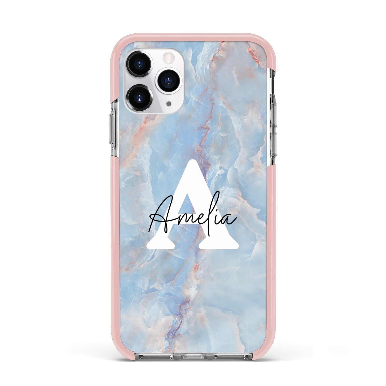 Blue Onyx Marble Apple iPhone 11 Pro in Silver with Pink Impact Case
