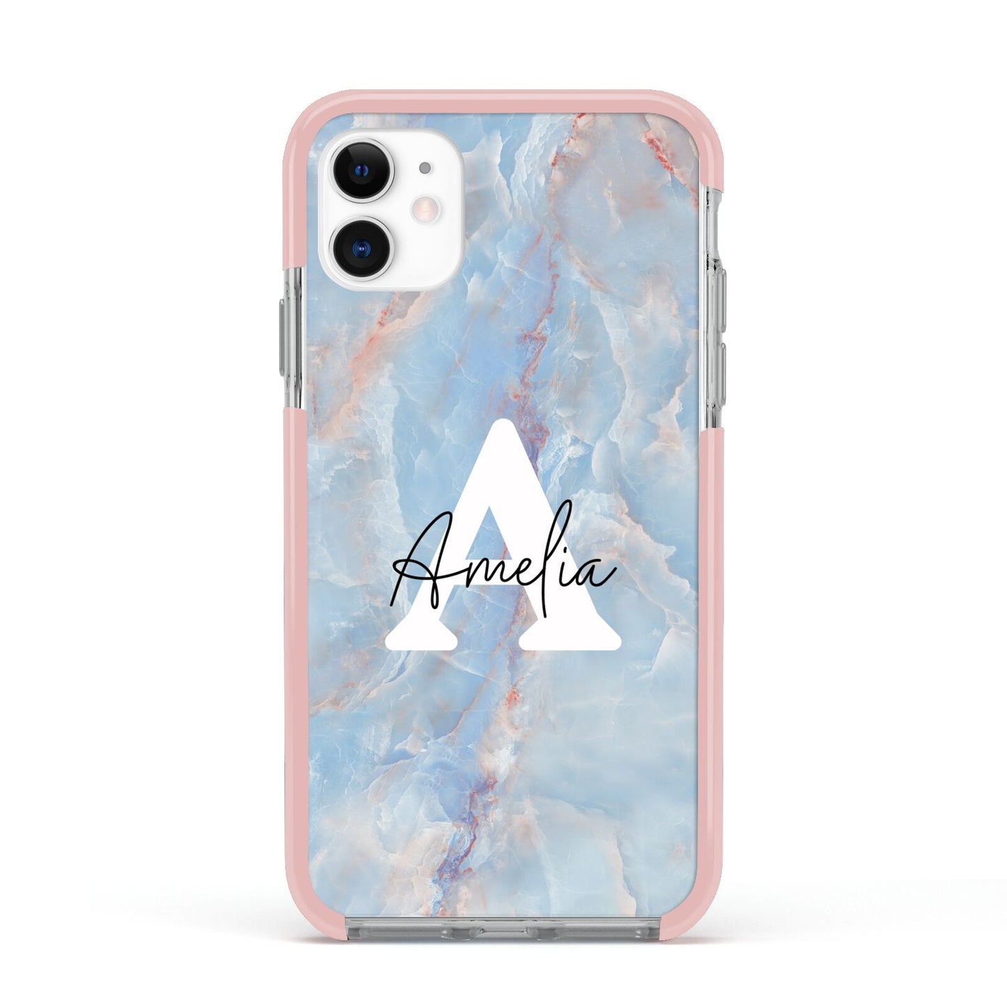 Blue Onyx Marble Apple iPhone 11 in White with Pink Impact Case