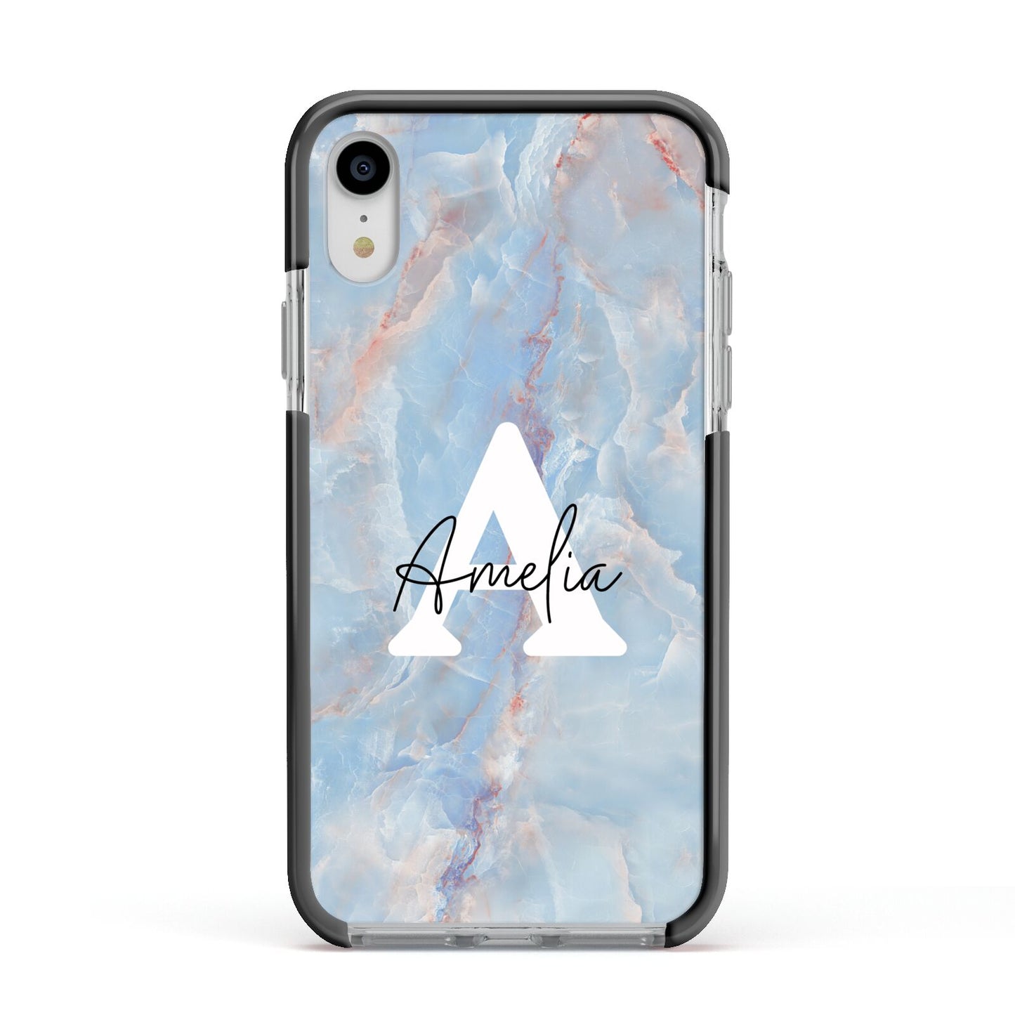 Blue Onyx Marble Apple iPhone XR Impact Case Black Edge on Silver Phone