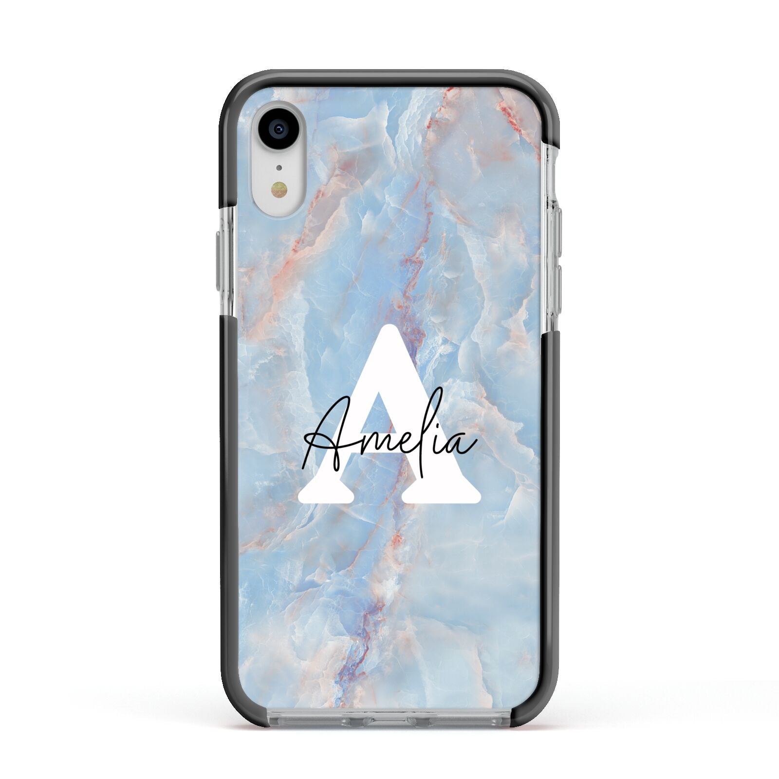 Blue Onyx Marble Apple iPhone XR Impact Case Black Edge on Silver Phone
