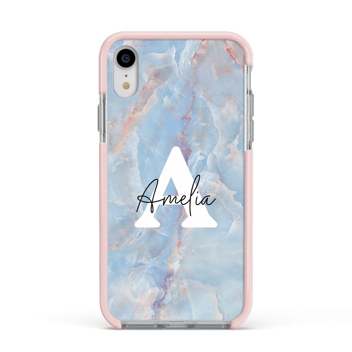 Blue Onyx Marble Apple iPhone XR Impact Case Pink Edge on Silver Phone