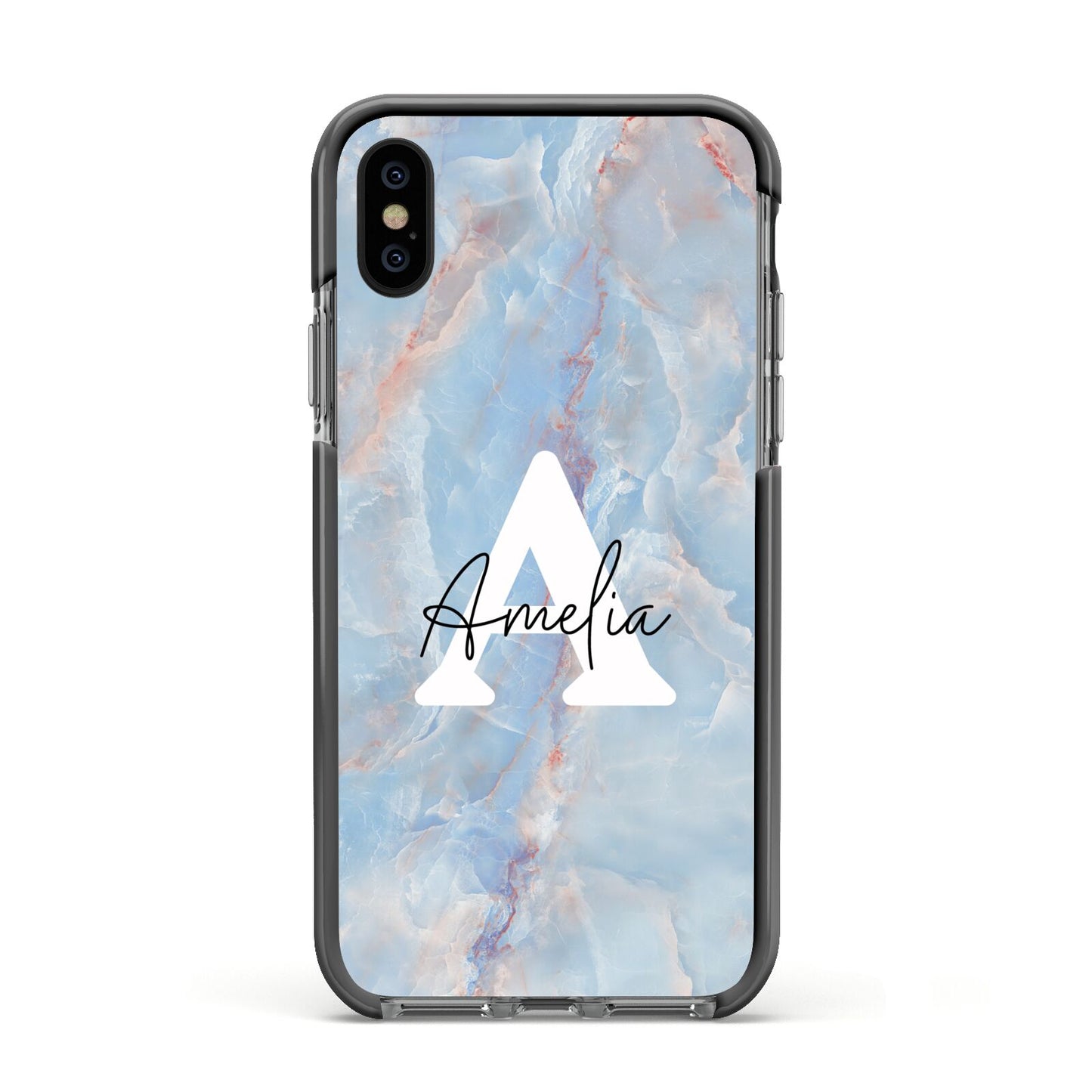 Blue Onyx Marble Apple iPhone Xs Impact Case Black Edge on Black Phone
