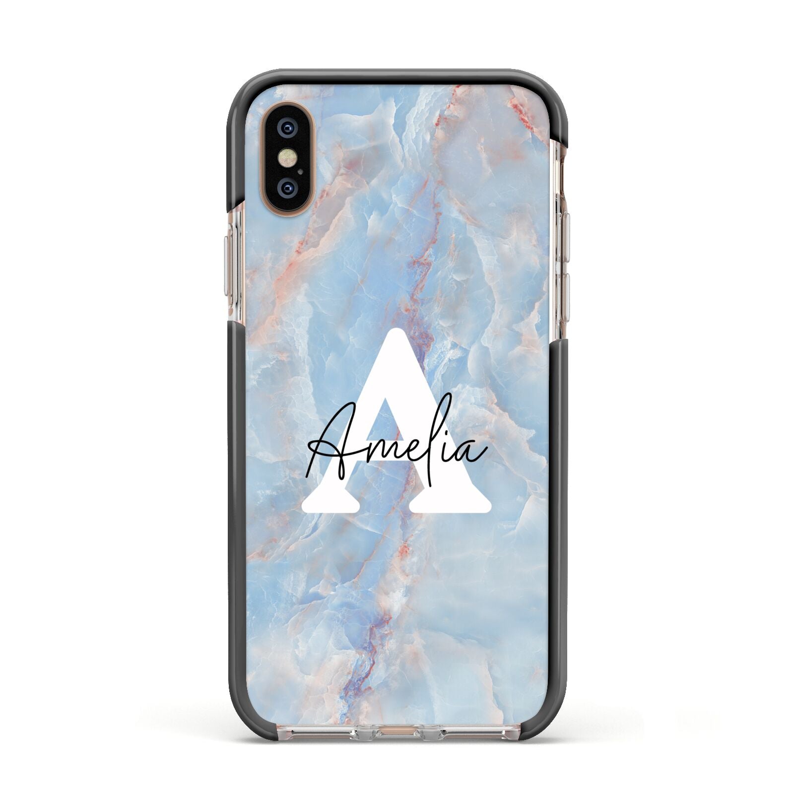Blue Onyx Marble Apple iPhone Xs Impact Case Black Edge on Gold Phone