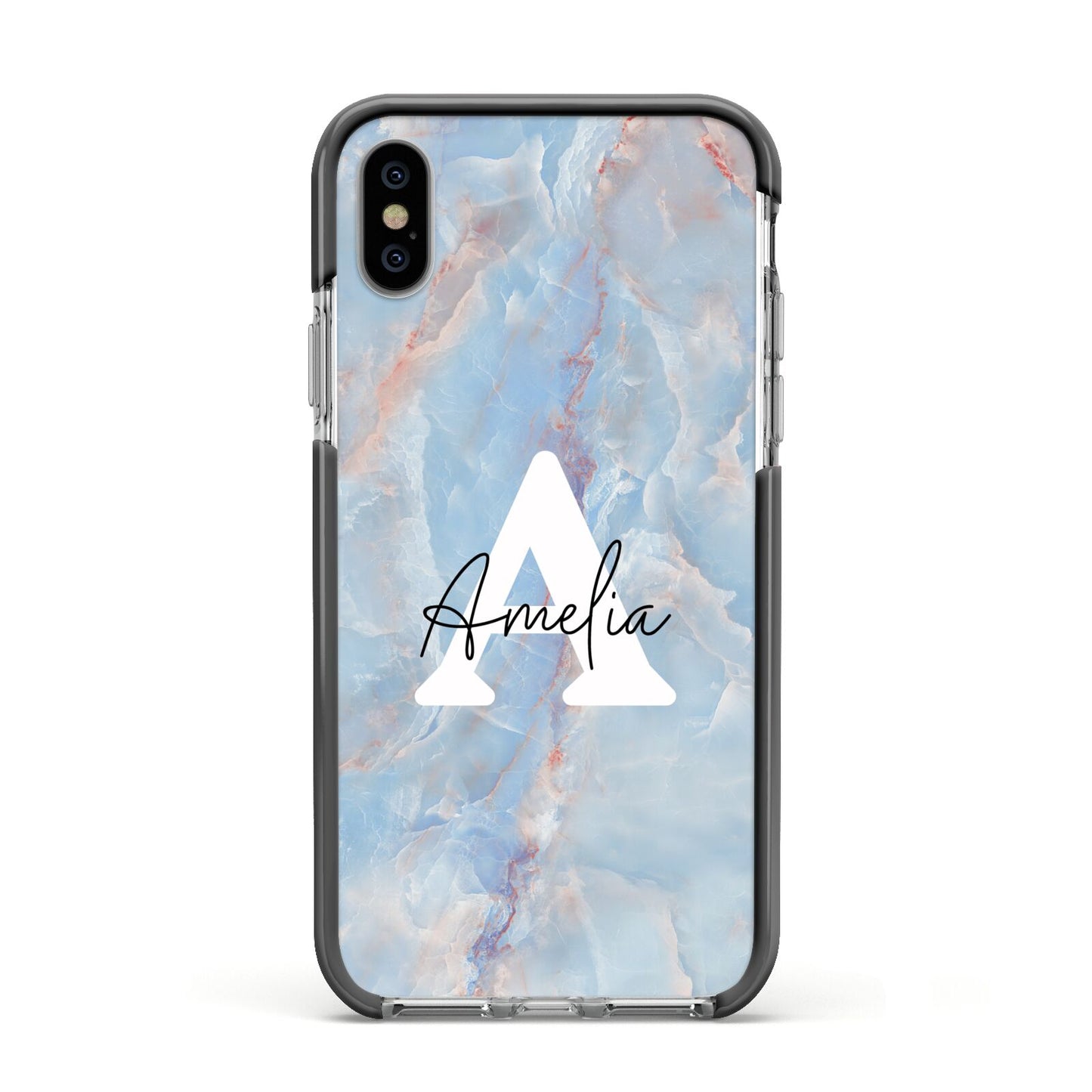 Blue Onyx Marble Apple iPhone Xs Impact Case Black Edge on Silver Phone