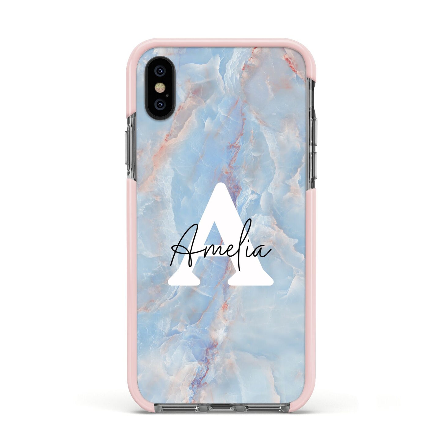 Blue Onyx Marble Apple iPhone Xs Impact Case Pink Edge on Black Phone