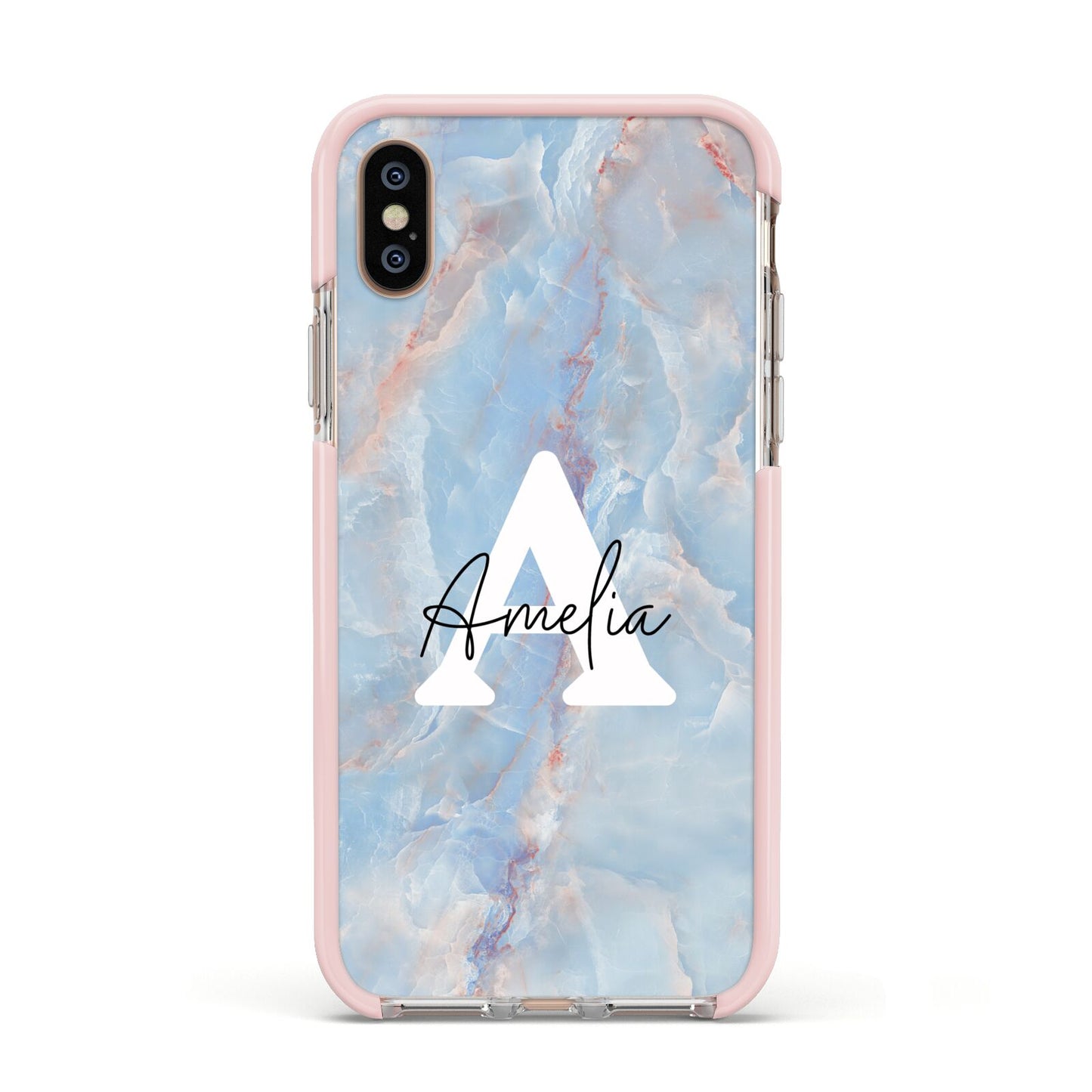 Blue Onyx Marble Apple iPhone Xs Impact Case Pink Edge on Gold Phone