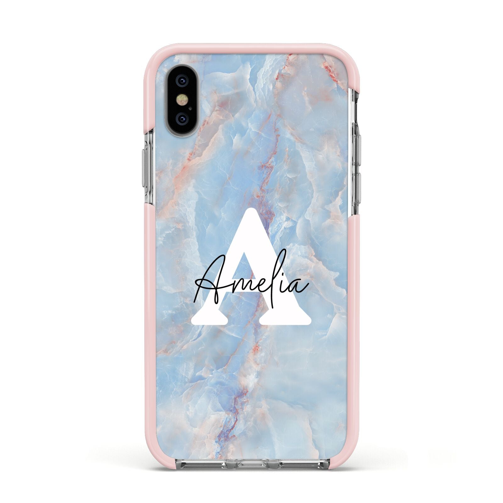 Blue Onyx Marble Apple iPhone Xs Impact Case Pink Edge on Silver Phone