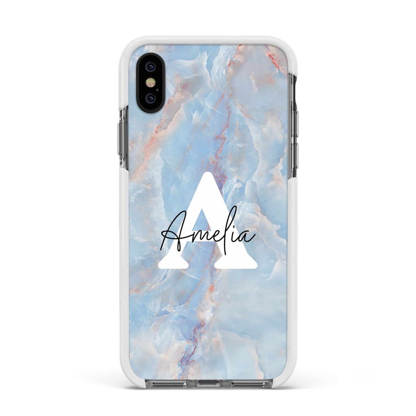 Blue Onyx Marble Apple iPhone Xs Impact Case White Edge on Black Phone