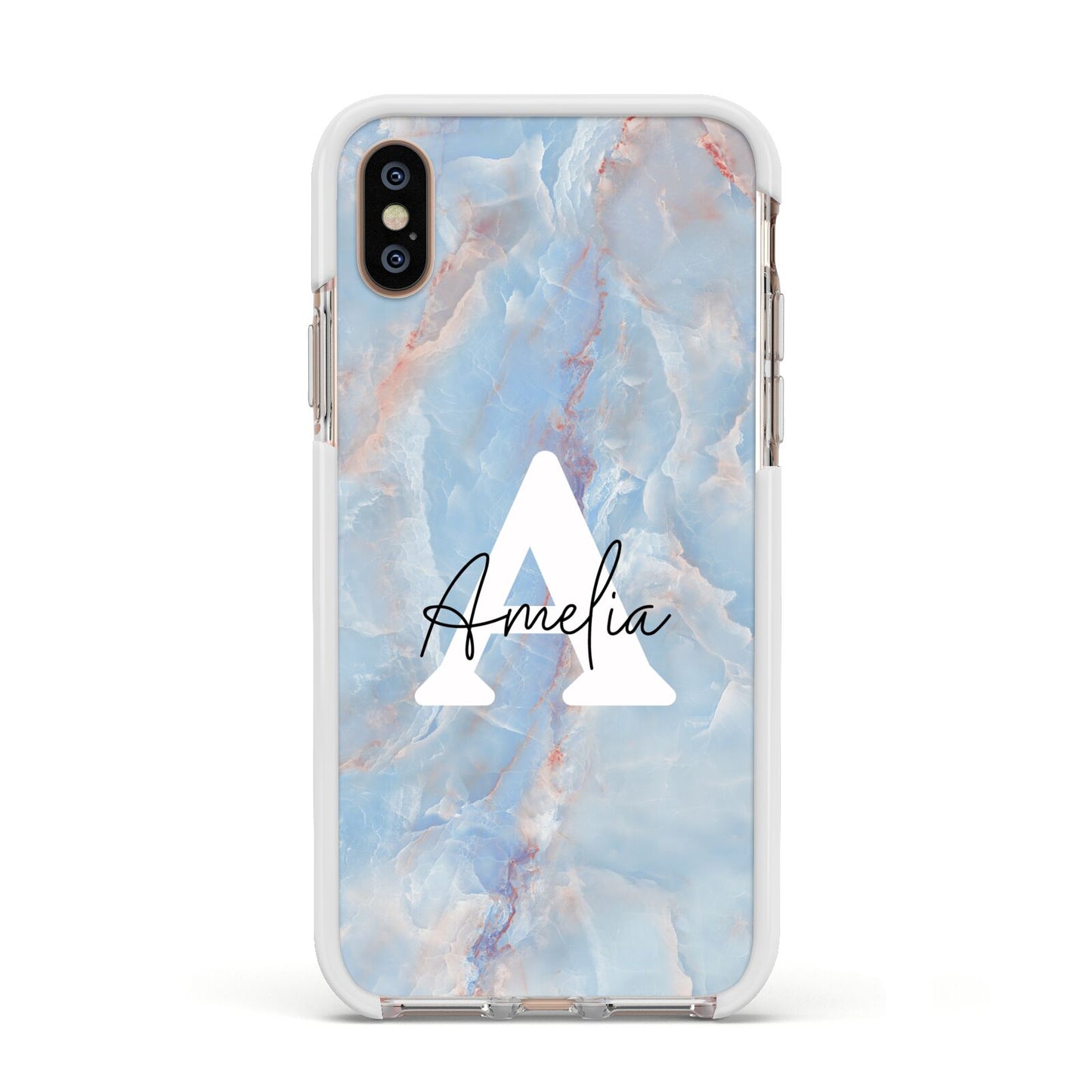 Blue Onyx Marble Apple iPhone Xs Impact Case White Edge on Gold Phone