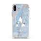 Blue Onyx Marble Apple iPhone Xs Impact Case White Edge on Silver Phone