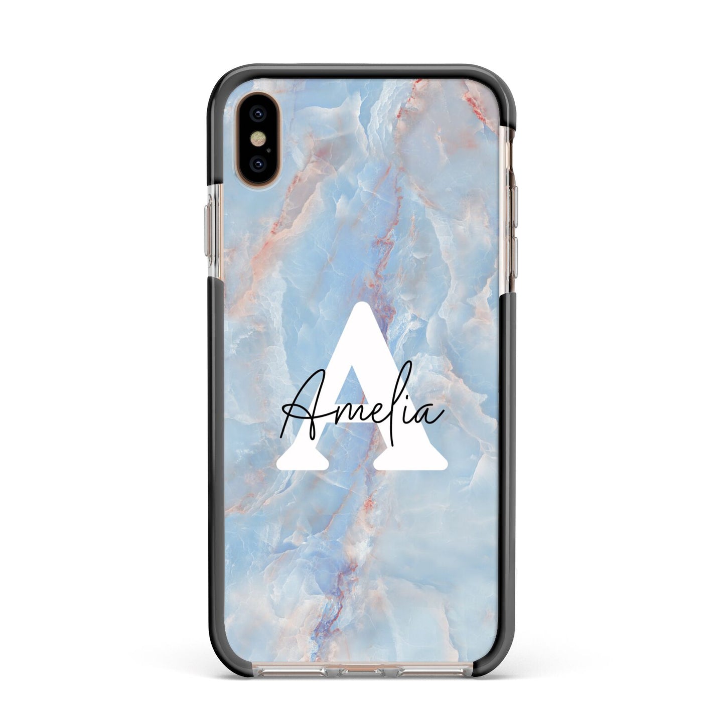 Blue Onyx Marble Apple iPhone Xs Max Impact Case Black Edge on Gold Phone