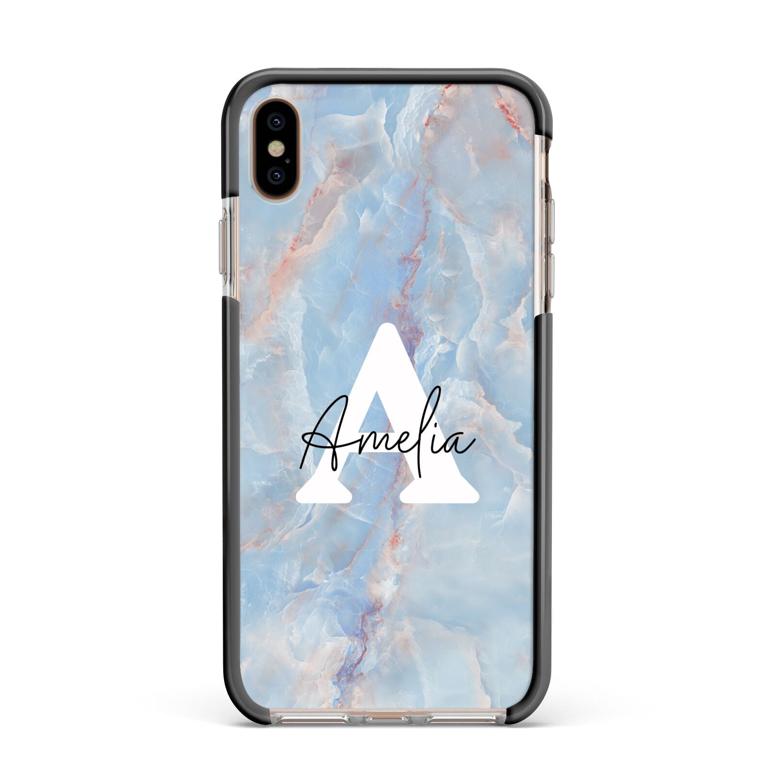 Blue Onyx Marble Apple iPhone Xs Max Impact Case Black Edge on Gold Phone
