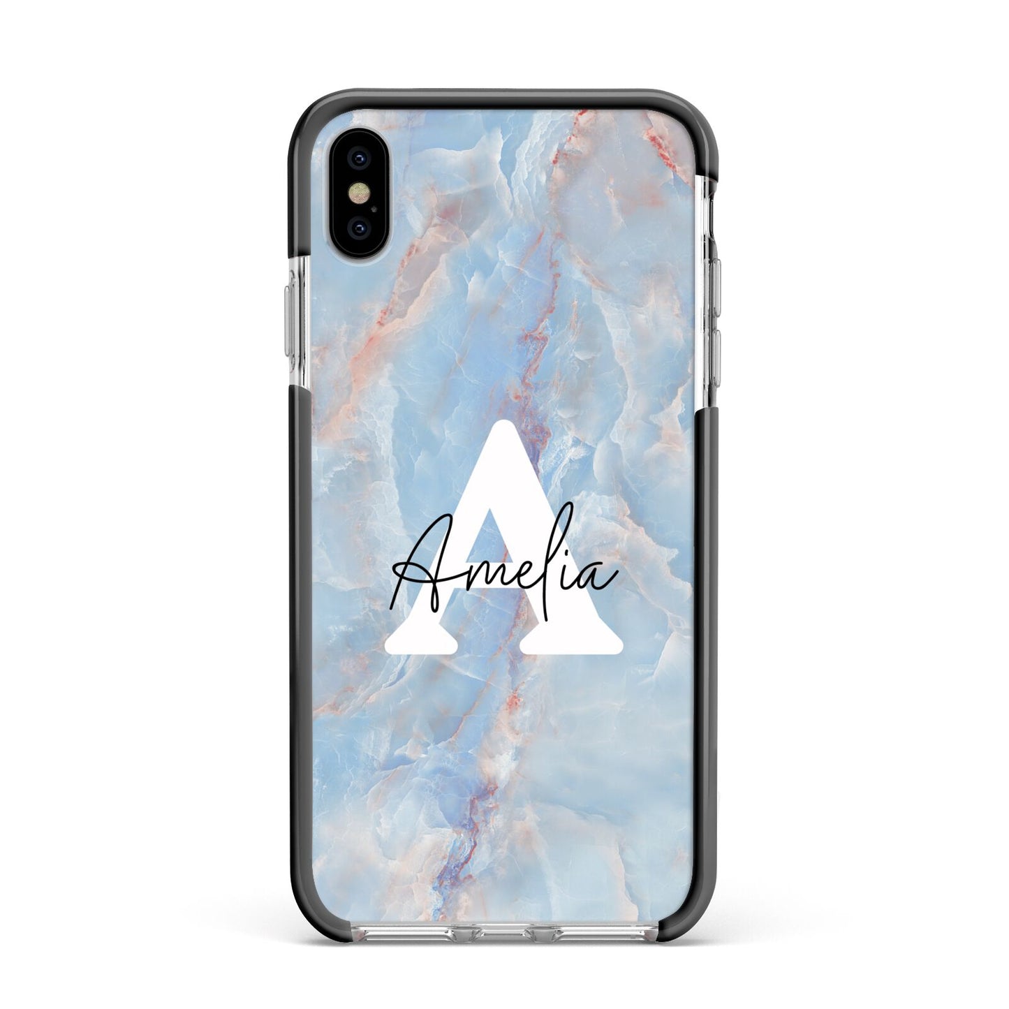 Blue Onyx Marble Apple iPhone Xs Max Impact Case Black Edge on Silver Phone