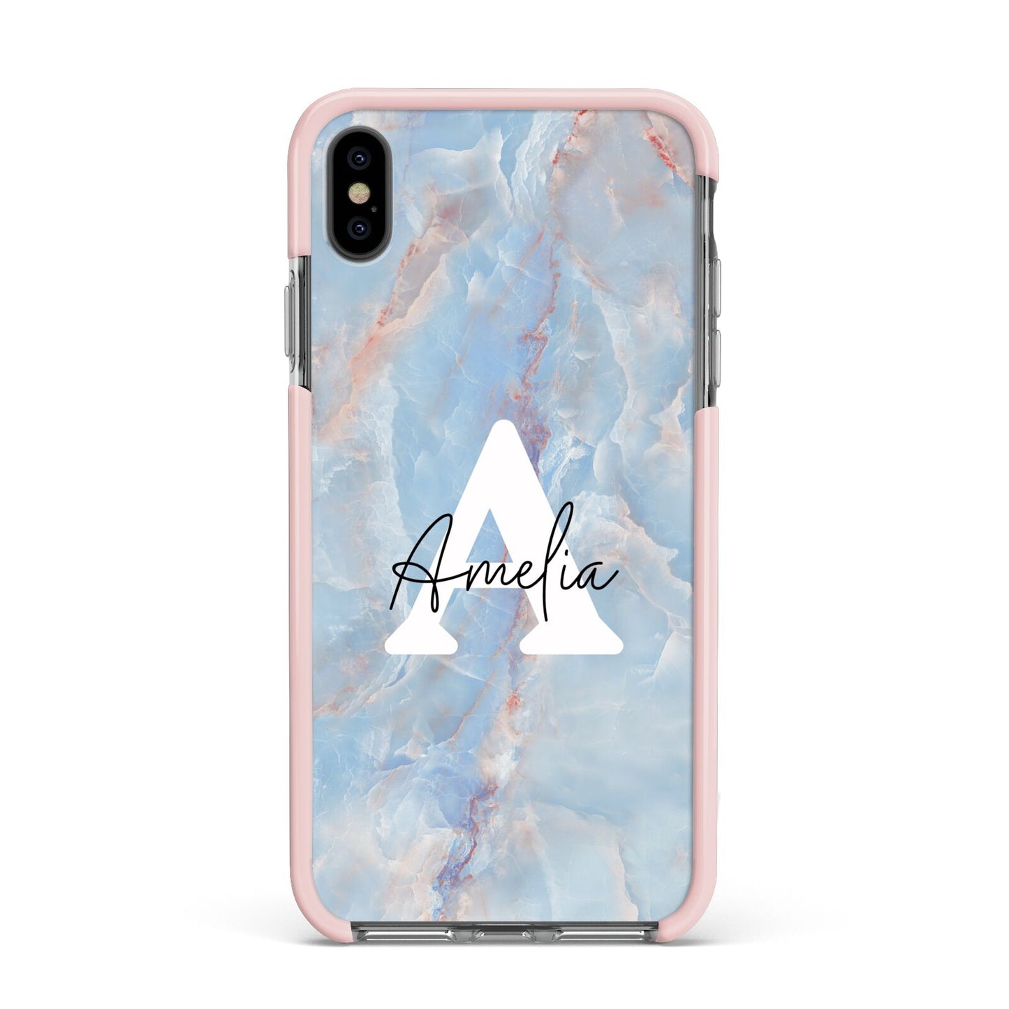 Blue Onyx Marble Apple iPhone Xs Max Impact Case Pink Edge on Black Phone
