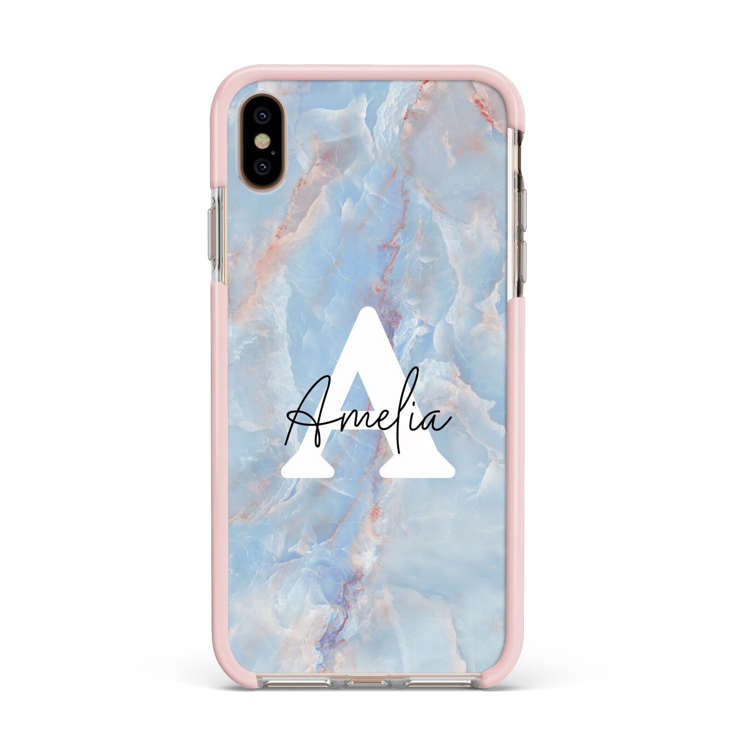 Blue Onyx Marble Apple iPhone Xs Max Impact Case Pink Edge on Gold Phone