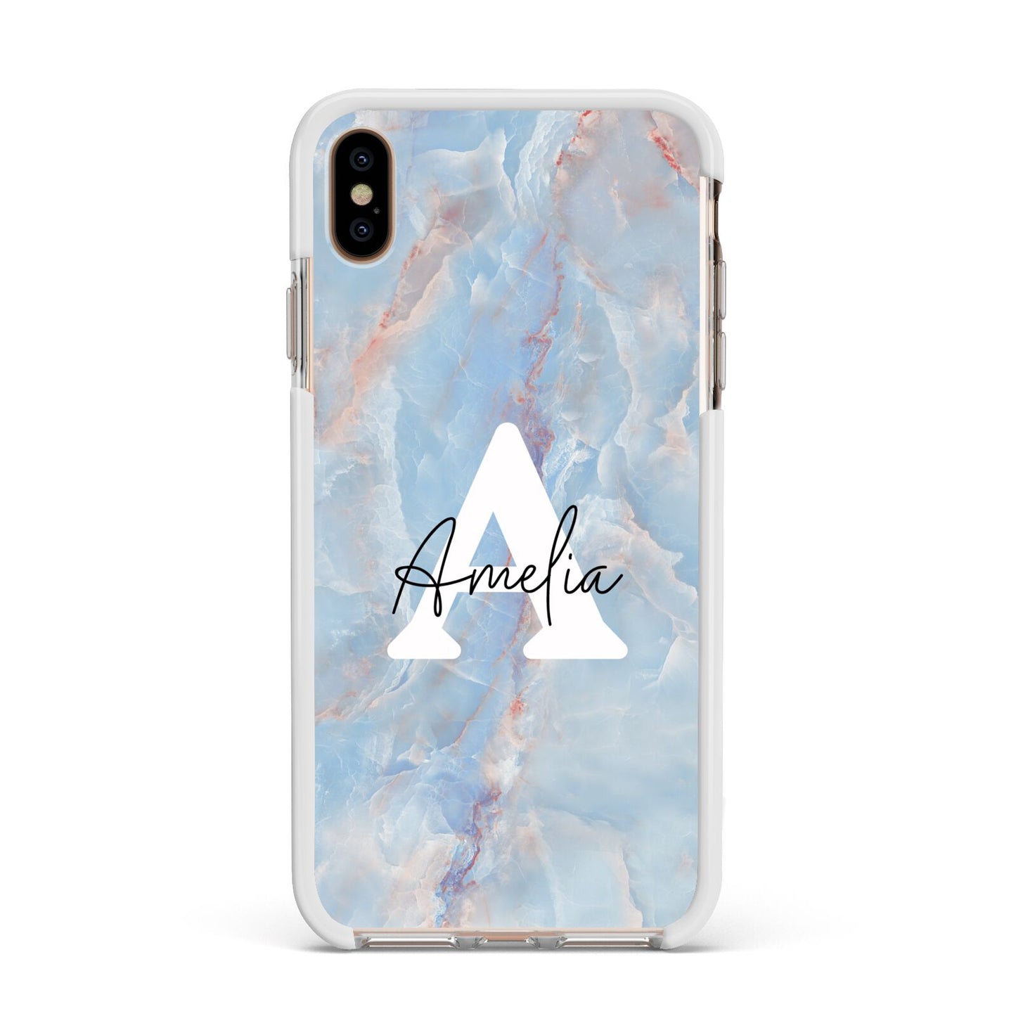Blue Onyx Marble Apple iPhone Xs Max Impact Case White Edge on Gold Phone