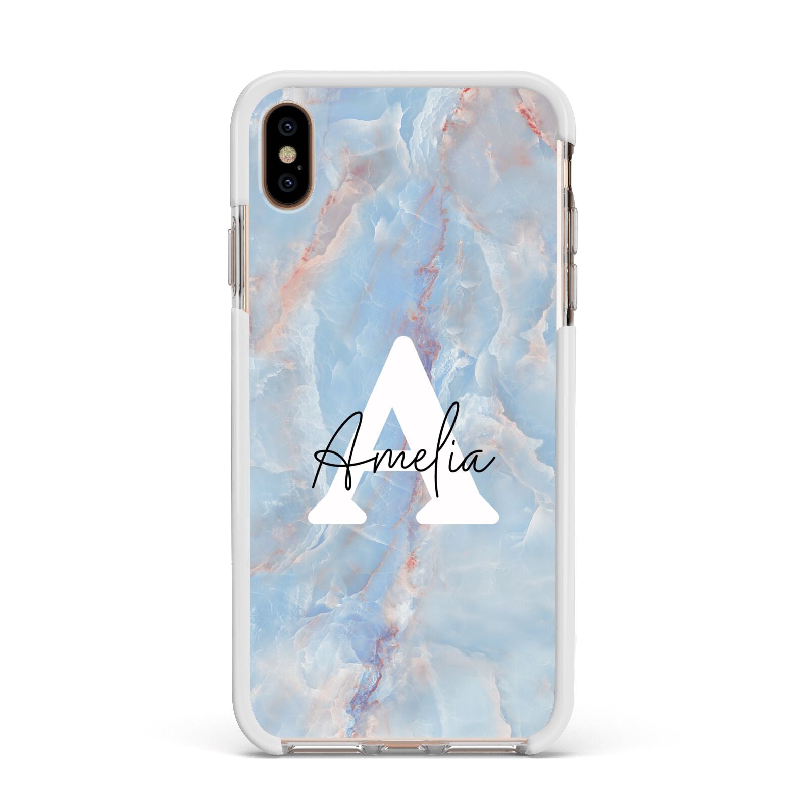 Blue Onyx Marble Apple iPhone Xs Max Impact Case White Edge on Gold Phone