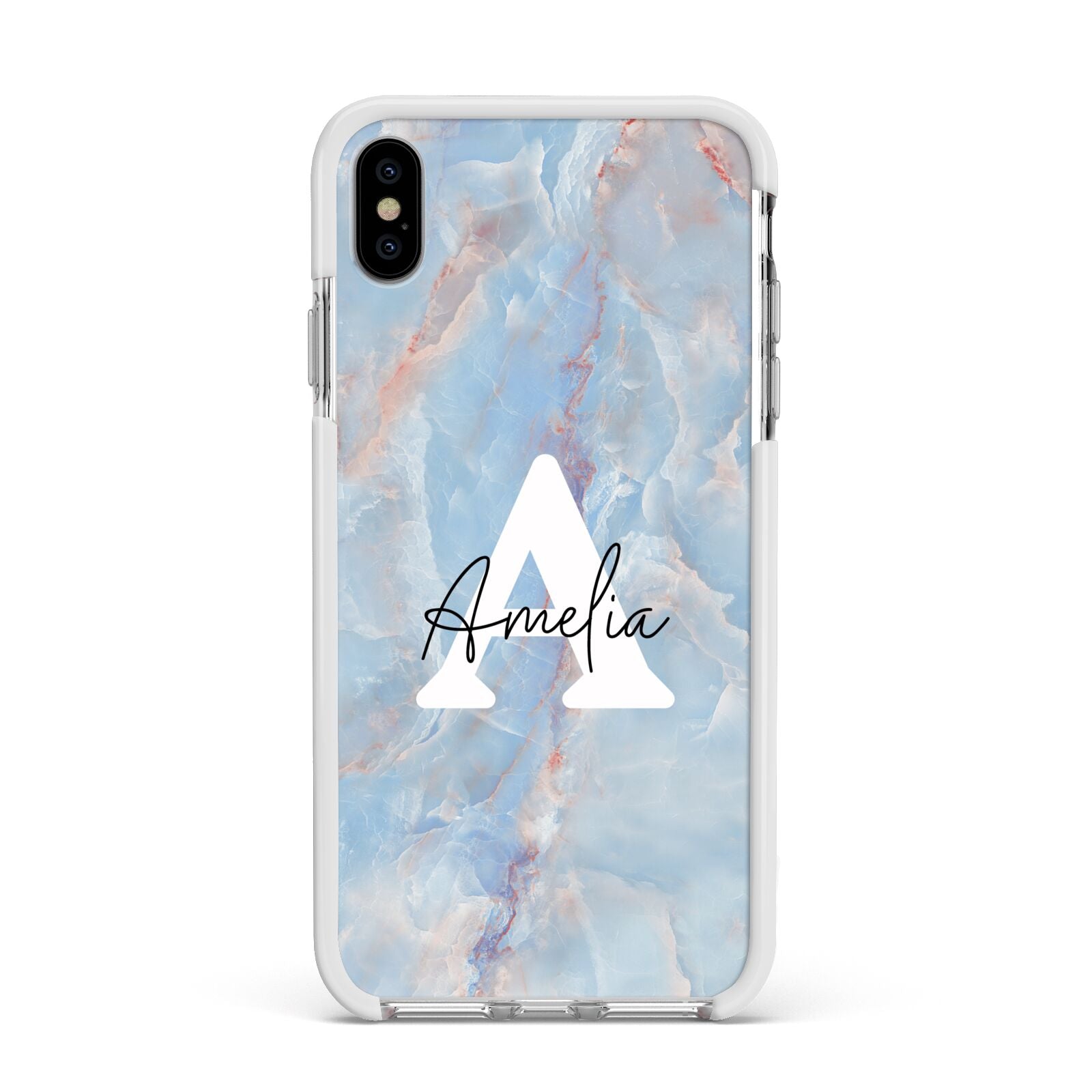 Blue Onyx Marble Apple iPhone Xs Max Impact Case White Edge on Silver Phone