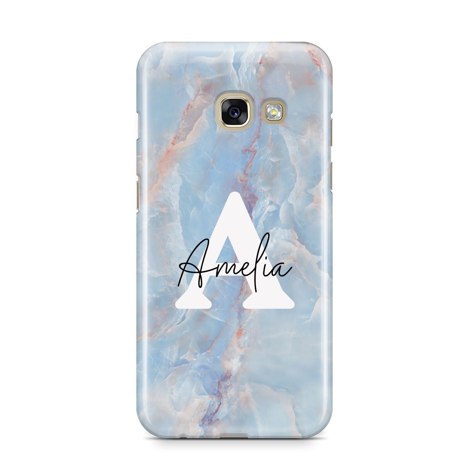Blue Onyx Marble Samsung Galaxy A3 2017 Case on gold phone