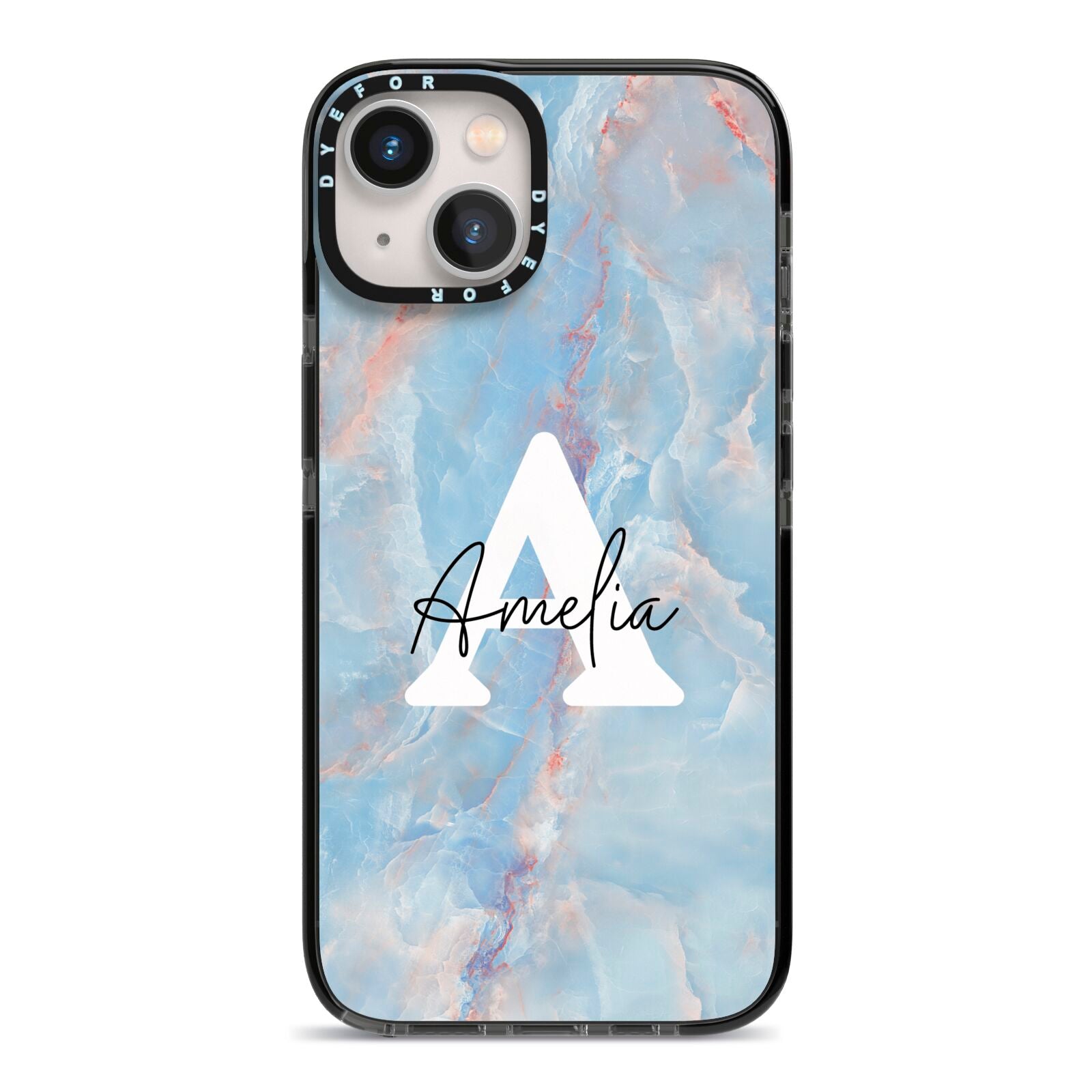 Blue Onyx Marble iPhone 13 Black Impact Case on Silver phone