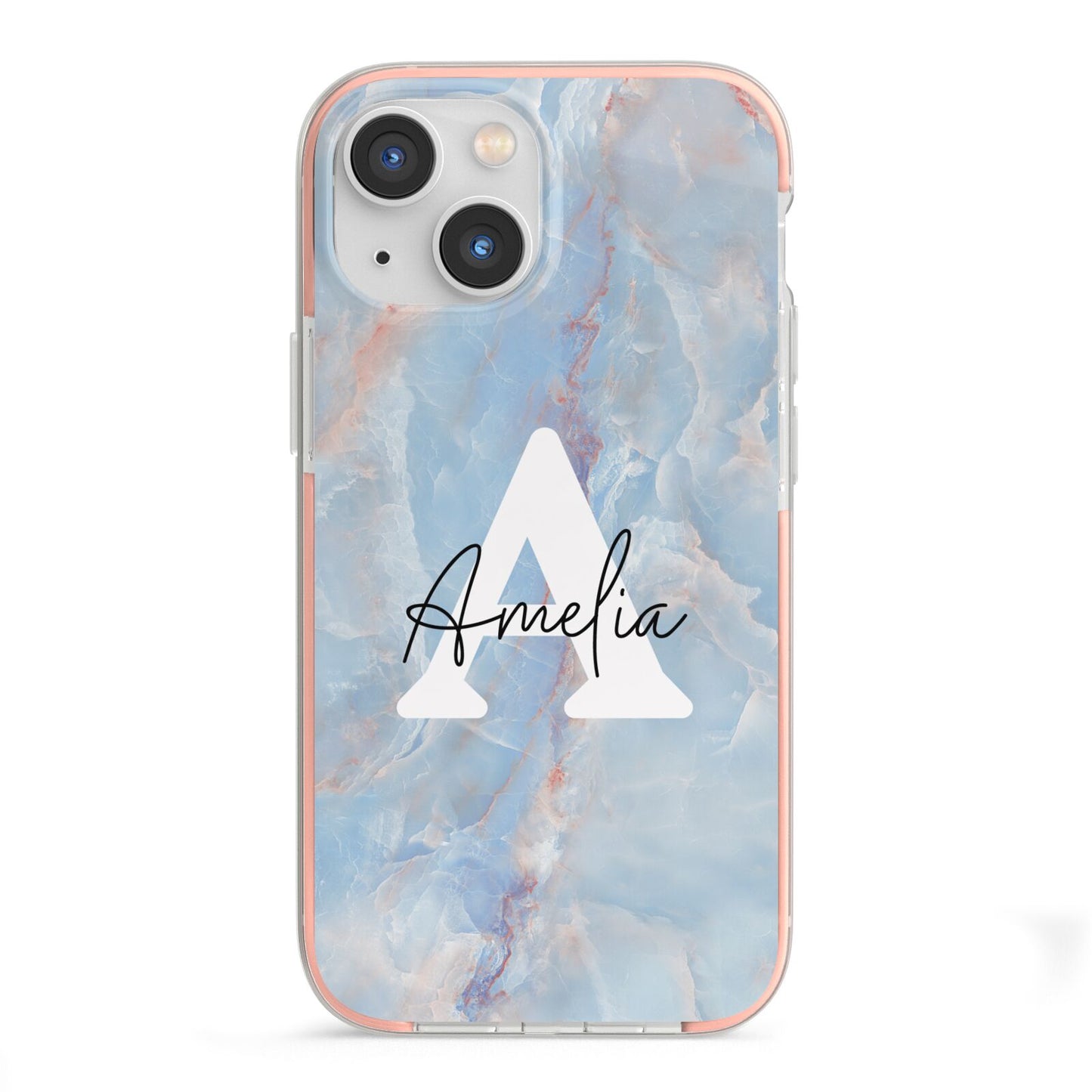 Blue Onyx Marble iPhone 13 Mini TPU Impact Case with Pink Edges