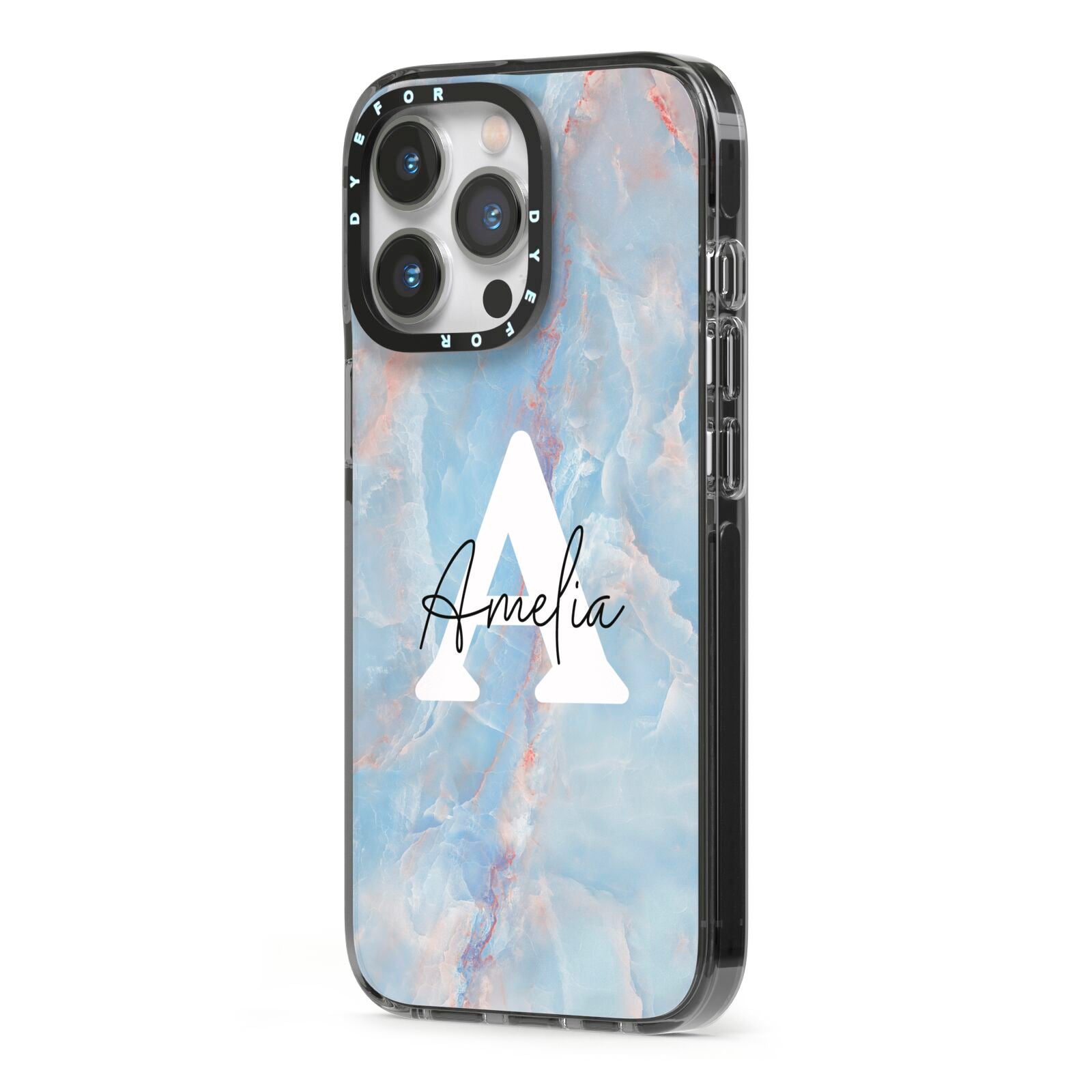 Blue Onyx Marble iPhone 13 Pro Black Impact Case Side Angle on Silver phone