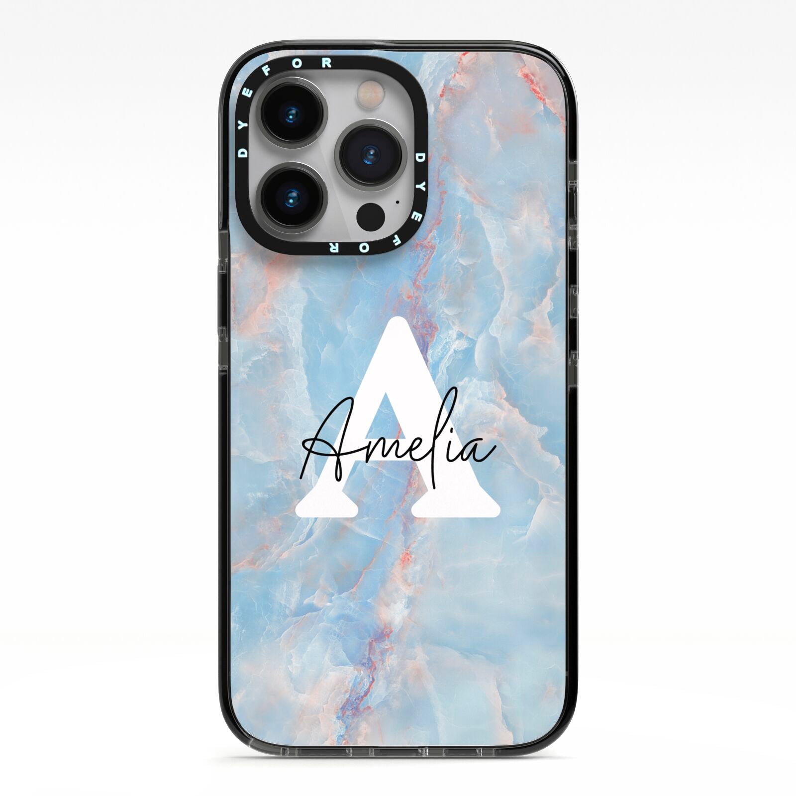 Blue Onyx Marble iPhone 13 Pro Black Impact Case on Silver phone