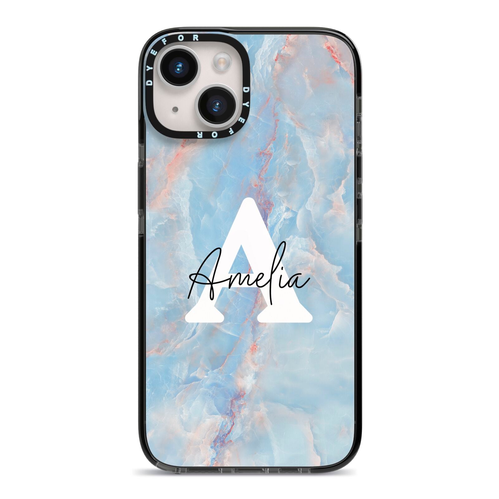 Blue Onyx Marble iPhone 14 Black Impact Case on Silver phone