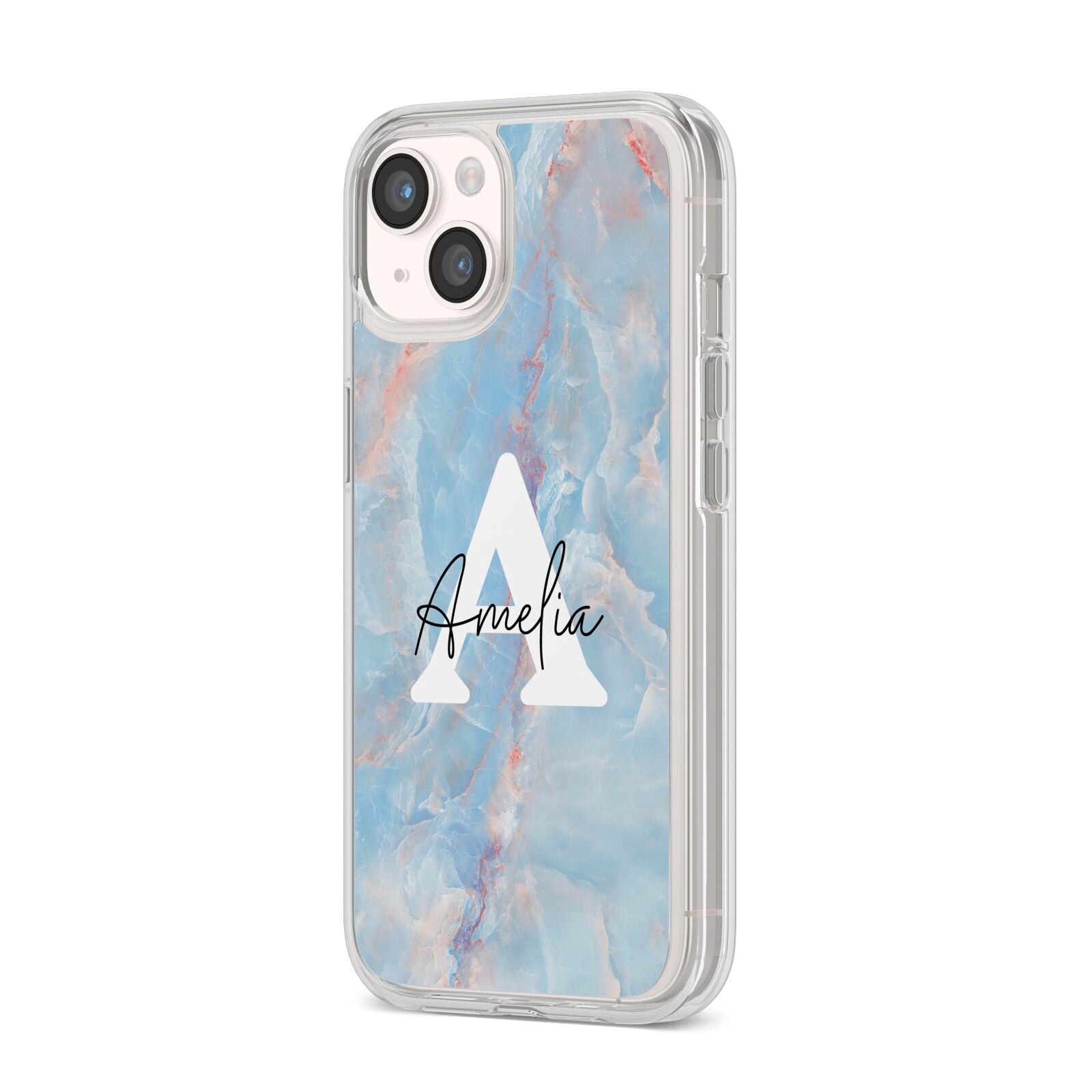 Blue Onyx Marble iPhone 14 Clear Tough Case Starlight Angled Image