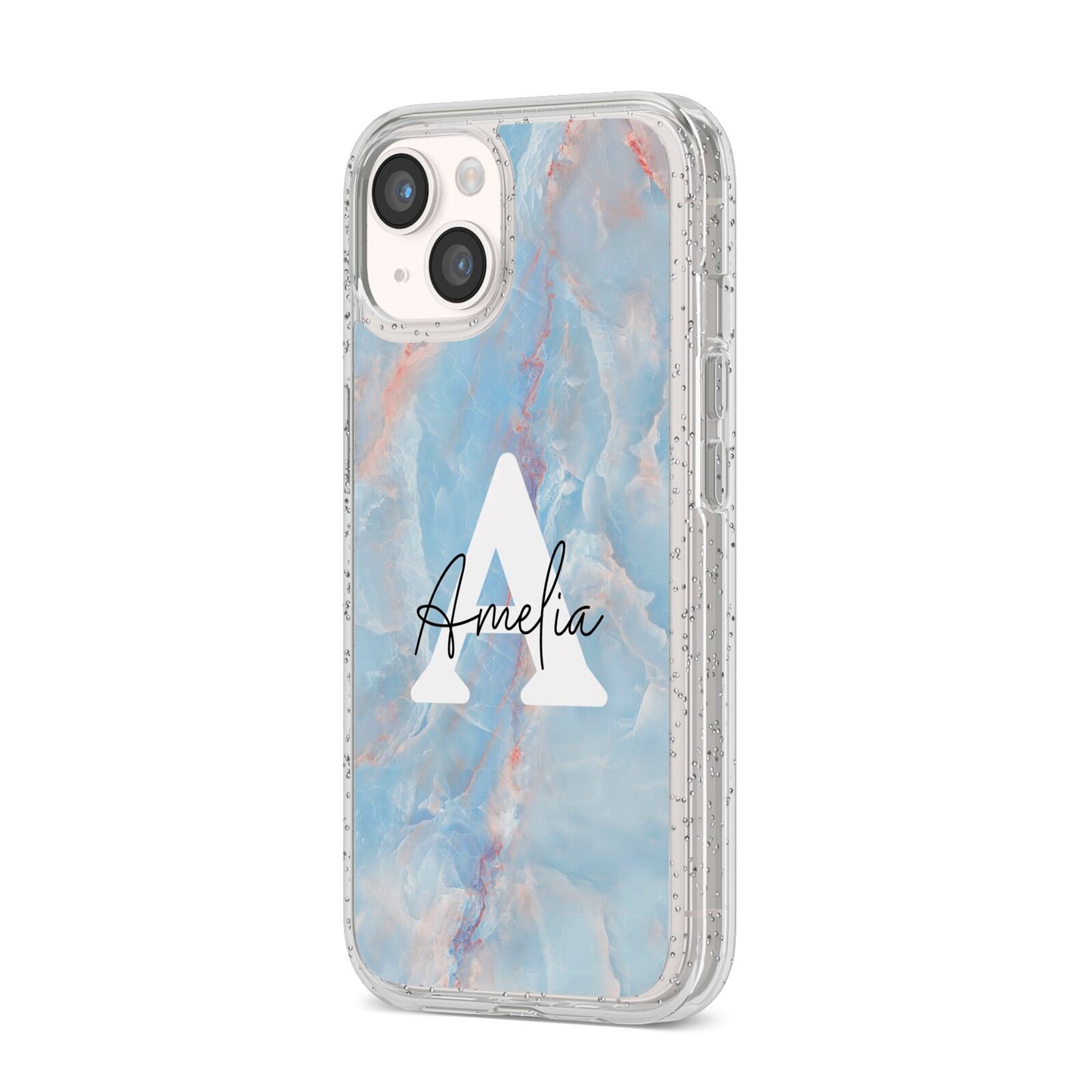 Blue Onyx Marble iPhone 14 Glitter Tough Case Starlight Angled Image