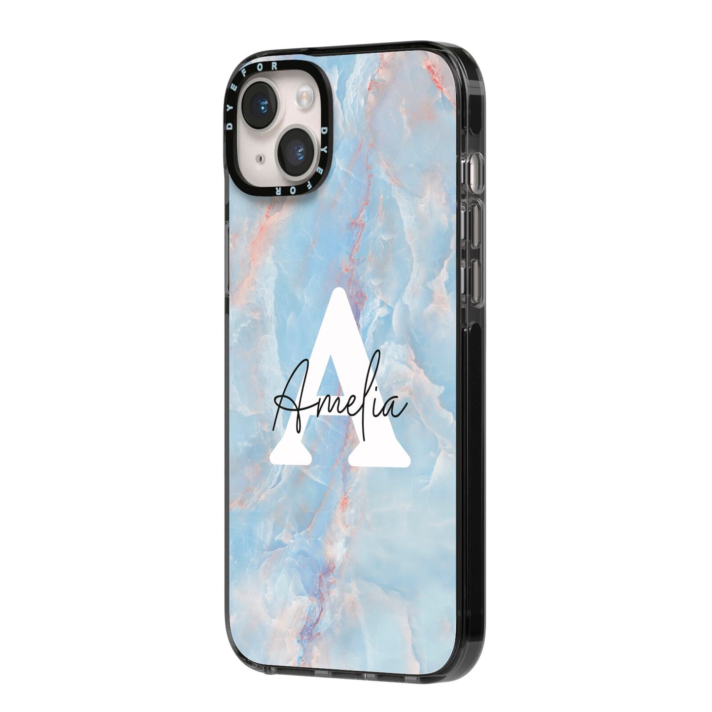 Blue Onyx Marble iPhone 14 Plus Black Impact Case Side Angle on Silver phone