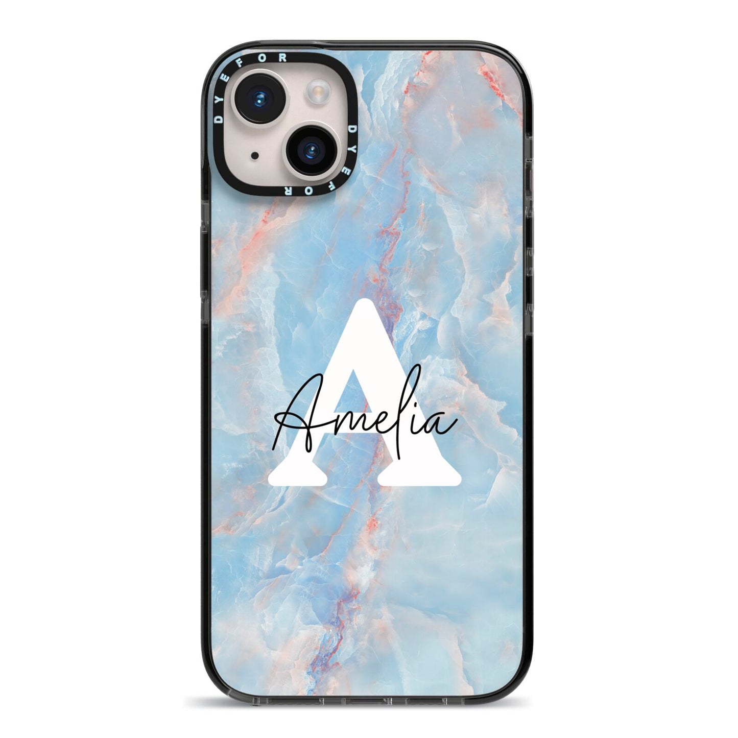 Blue Onyx Marble iPhone 14 Plus Black Impact Case on Silver phone