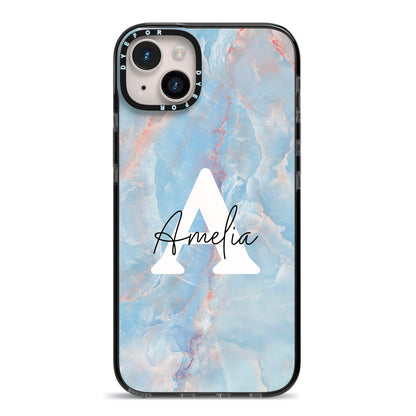 Blue Onyx Marble iPhone 14 Plus Black Impact Case on Silver phone