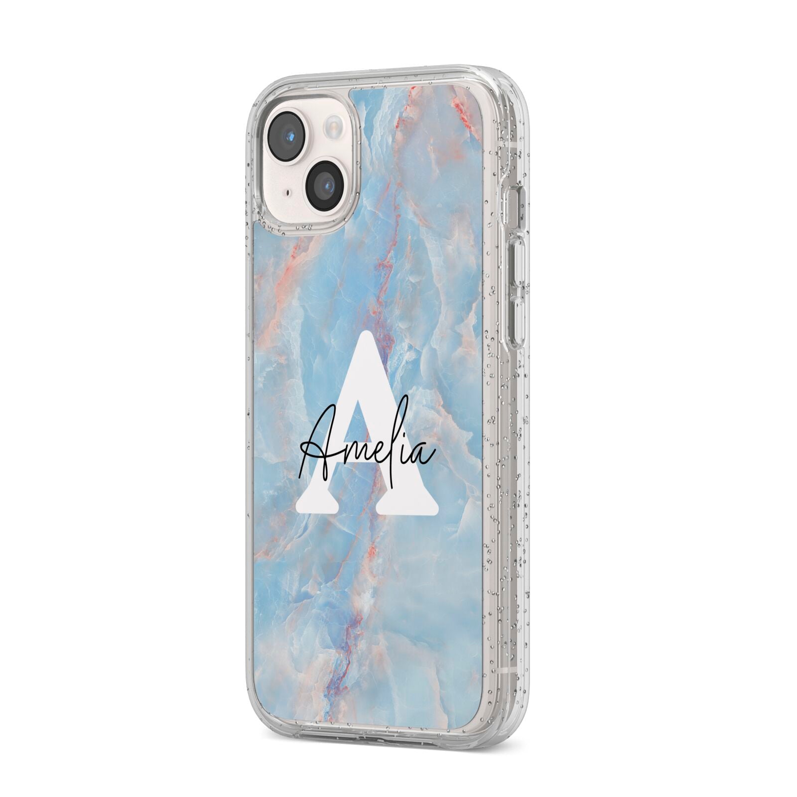 Blue Onyx Marble iPhone 14 Plus Glitter Tough Case Starlight Angled Image