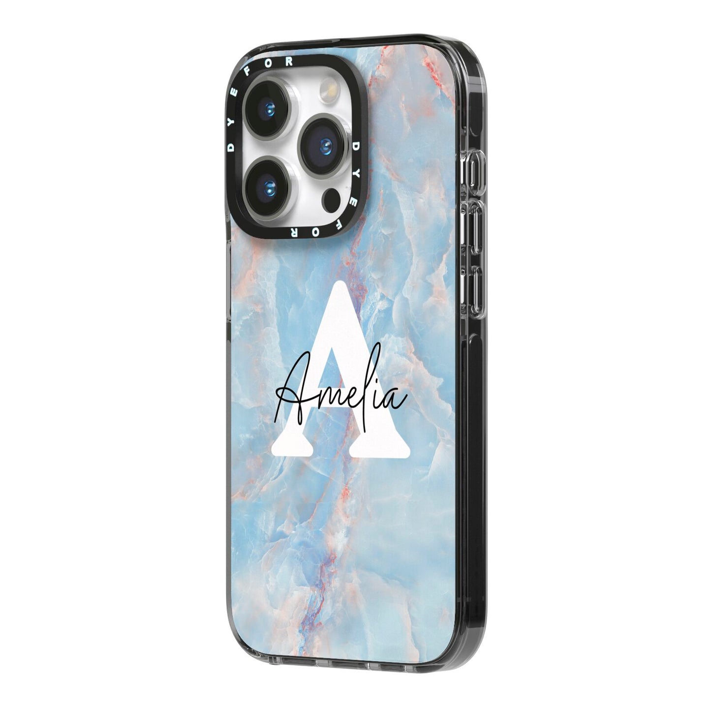Blue Onyx Marble iPhone 14 Pro Black Impact Case Side Angle on Silver phone