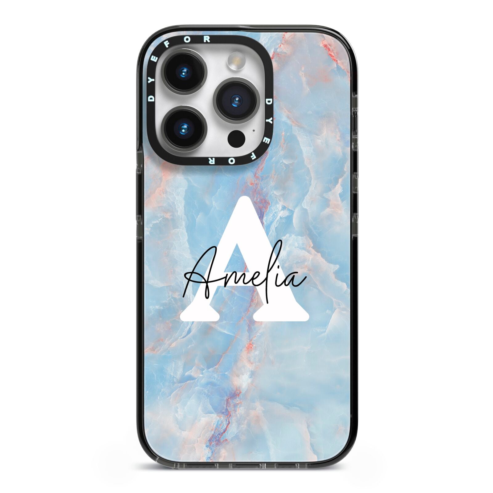 Blue Onyx Marble iPhone 14 Pro Black Impact Case on Silver phone