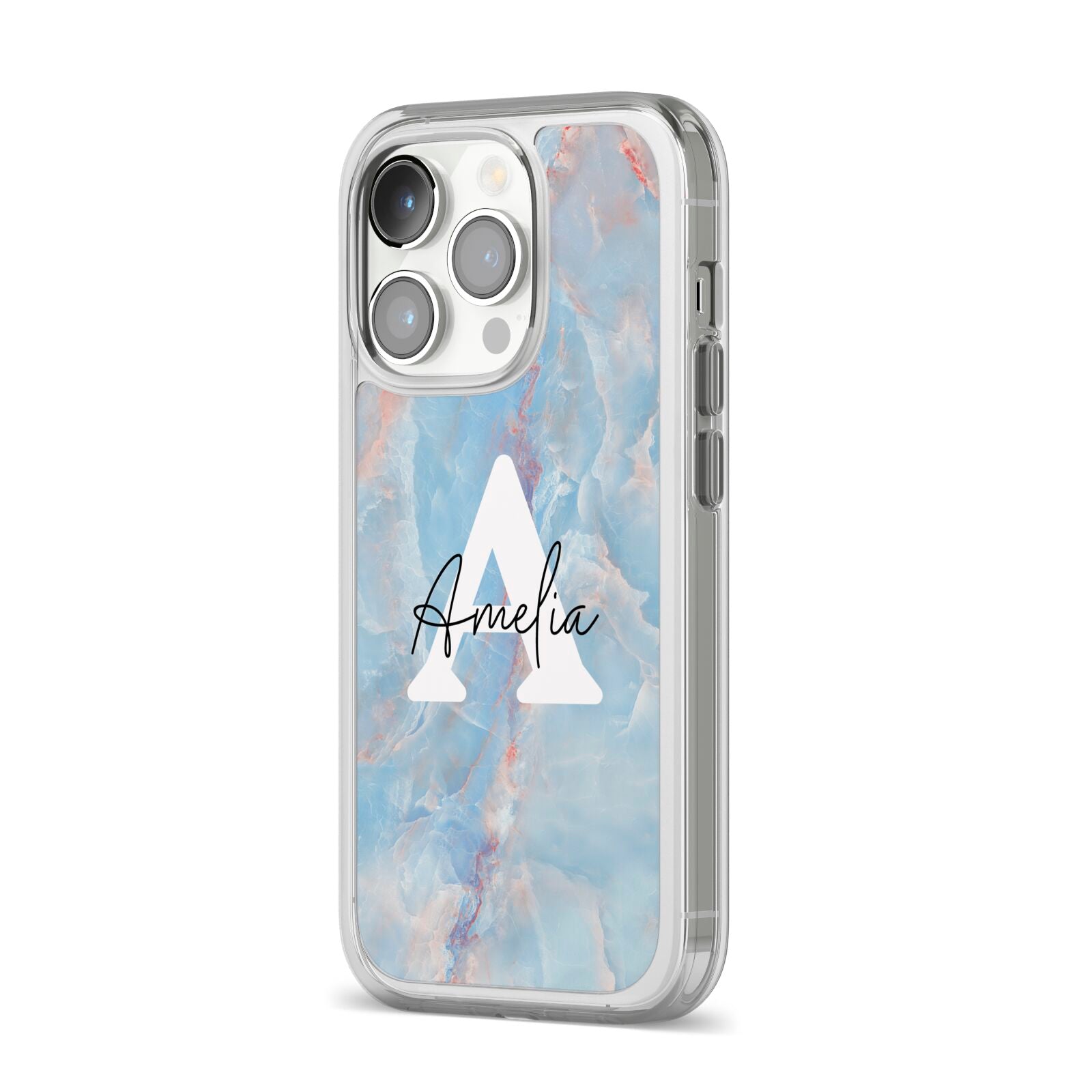 Blue Onyx Marble iPhone 14 Pro Clear Tough Case Silver Angled Image