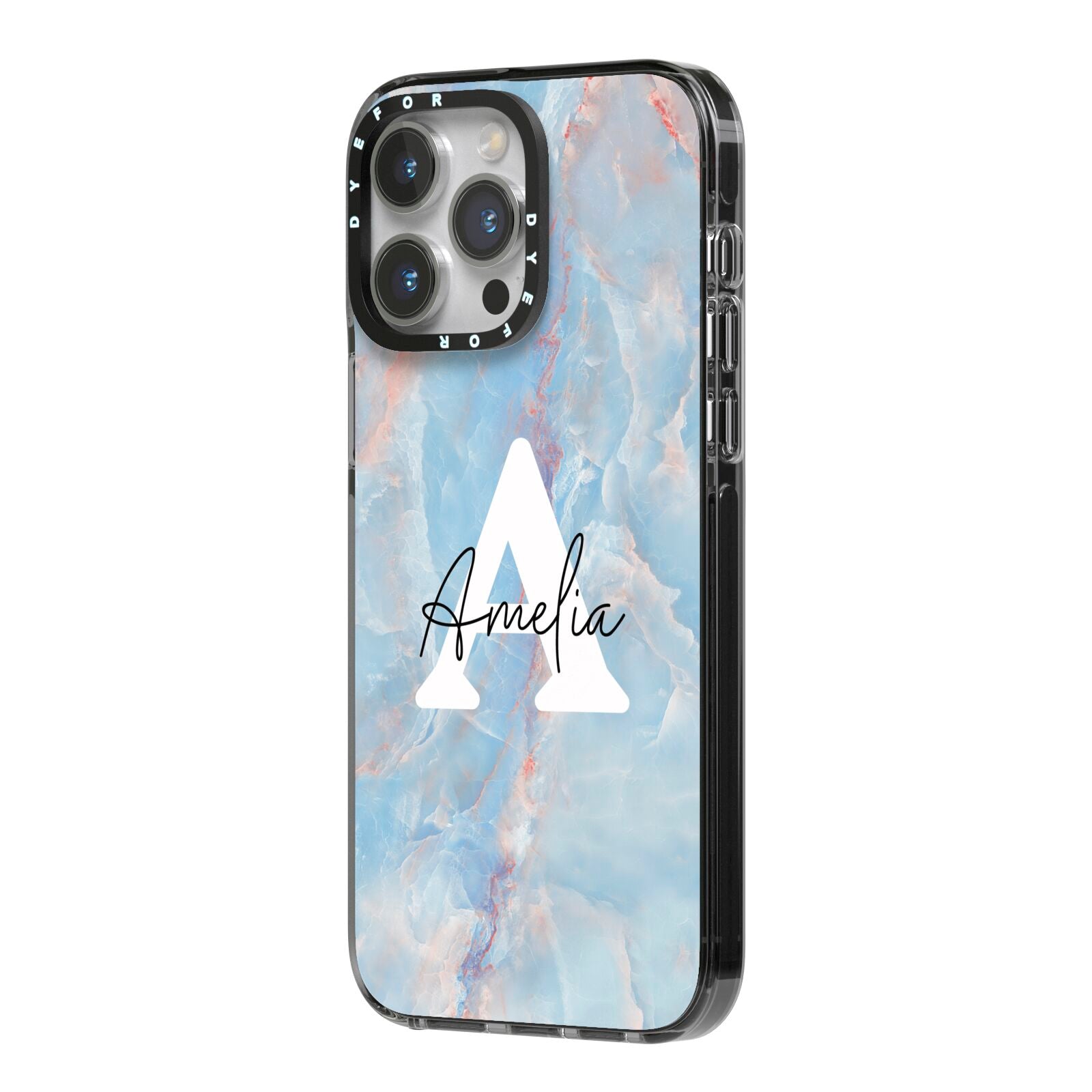 Blue Onyx Marble iPhone 14 Pro Max Black Impact Case Side Angle on Silver phone